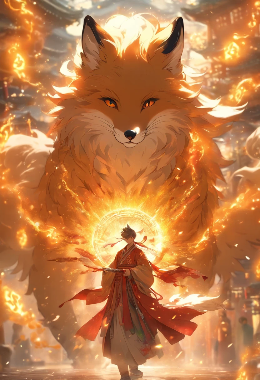 (tmasterpiece), (Best quality), Cinematic quality,Rendered by Octane,Ultra-detailed details,1 boy,Cool action,Wearing ancient Chinese Hanfu,(Ancient Chinese Formation:1.2),energy surround,light particle fluid,Fairy air fluttering,Luminous magic circle,Summon ancient beasts,(Behind him,is a huge fox:1.5)