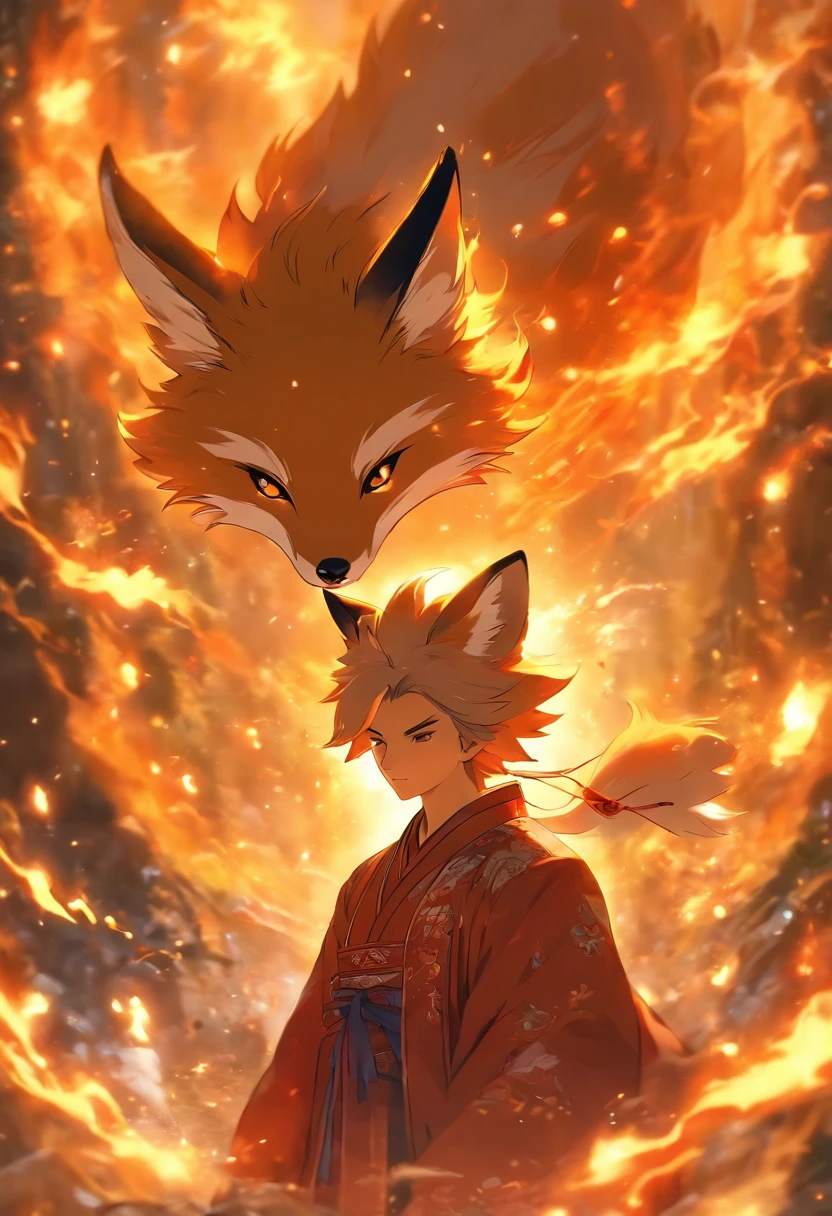 (tmasterpiece), (Best quality), Cinematic quality，Rendered by Octane，Ultra-detailed details，1 boy,Cool action，Wearing ancient Chinese Hanfu，(Ancient Chinese Formation:1.2),energy surround，light particle fluid，Fairy air fluttering，Luminous magic circle，Summon ancient beasts，（Behind him，is a huge fox：1.5）