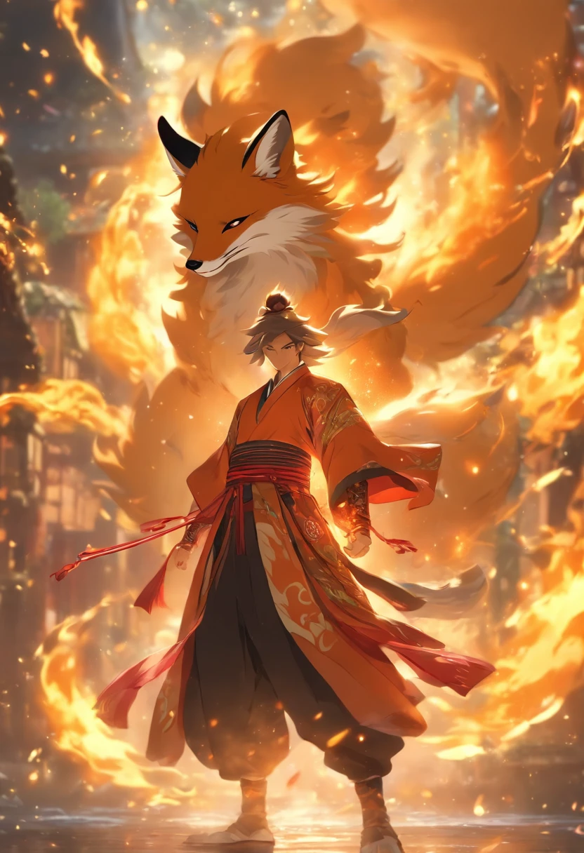 (tmasterpiece), (Best quality), Cinematic quality，Rendered by Octane，Ultra-detailed details，1 boy,Cool action，Wearing ancient Chinese Hanfu，(Ancient Chinese Formation:1.2),energy surround，light particle fluid，Fairy air fluttering，Luminous magic circle，Summon ancient beasts，（Behind him，is a huge fox：1.5）