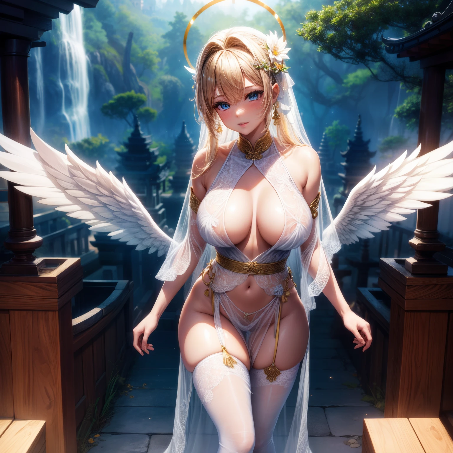 （8K ，hyper-detailing，ultra real photo，Best masterpiece，natural，Perfect artwork，Perfect female body），Two cute busty girls ，Hair color，（large tities），Angelic，Sankta，obsessed，the angel's wings，The halo，Angel is coming，Inside Guangming Yunhai Temple，Crystal Fish White Jade Pillar Ornaments，glorious paradise，beautiful paradise，golden brilliance，Wearing a see-through sexy gauze skirt，Sexy transparent dress，ssee-through，Built-in thong，The cracks are relatively large，stretch the meat，Raised sexy，Flirtatious，obscene exposure ，fully body photo