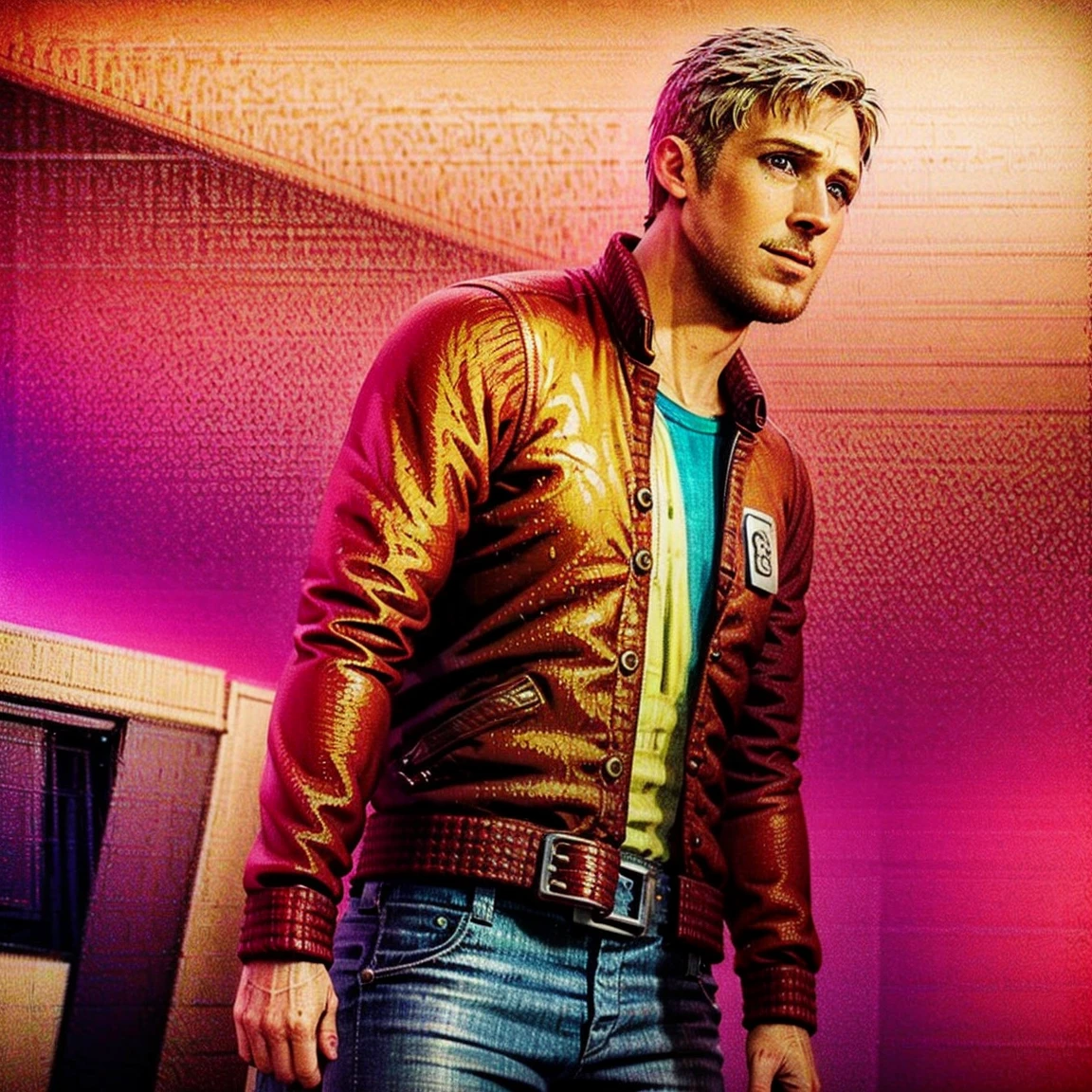 photo of ohwx man  jacket (Ryan Gosling), masterpiece, best quality, absurdres, 1boy, solo, JacketHotlineMiami, chicken mask in hand, etterman jacket, bandaged hand, jeans, open jacket, standing, night, blood, neon background