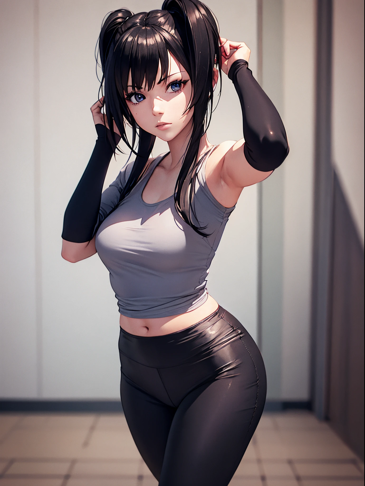 Woman wearing black leggings posing for photo, The head is not exposed，Wearing half-sleeved upper body，[ 4K realism ]!!, [ 4K realism ]!!!, [ 4K digital art ]!!, Realistic shadow perfect body, realisticlying!!!!!!! art-style, photorealistic anime, by Shitao, Popular topics on cgstation, Casual pose, realistic anime 3D style