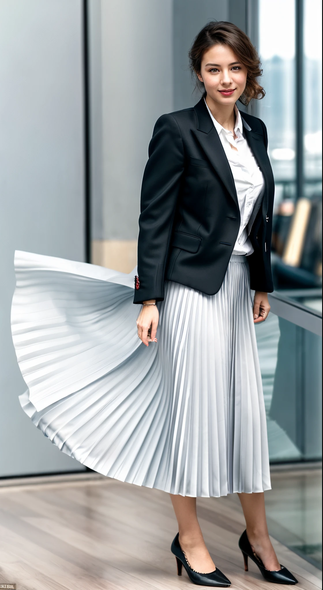(shy:1,3) smiling woman playing with skirt, dancing, wearing short blazer and very very detailed (long (fully pleated) full circle skirt) and (simple) low heeled office shoes, very very intricate hyper-detailed symmetric (attractive graceful young feminine face) with (sad, tired eyes and a shy smile), large breasts, full of empathy and compassion and love, (pronounced (feminine) features), (highly detailed ultra accurate realistic) hands and fingers, (windy conditions and wind blowing), epic composition, highly detailed attributes, highly detailed space station background, (35mm f1.4 Kodak portra 400 photograph), extremely high quality RAW photograph,