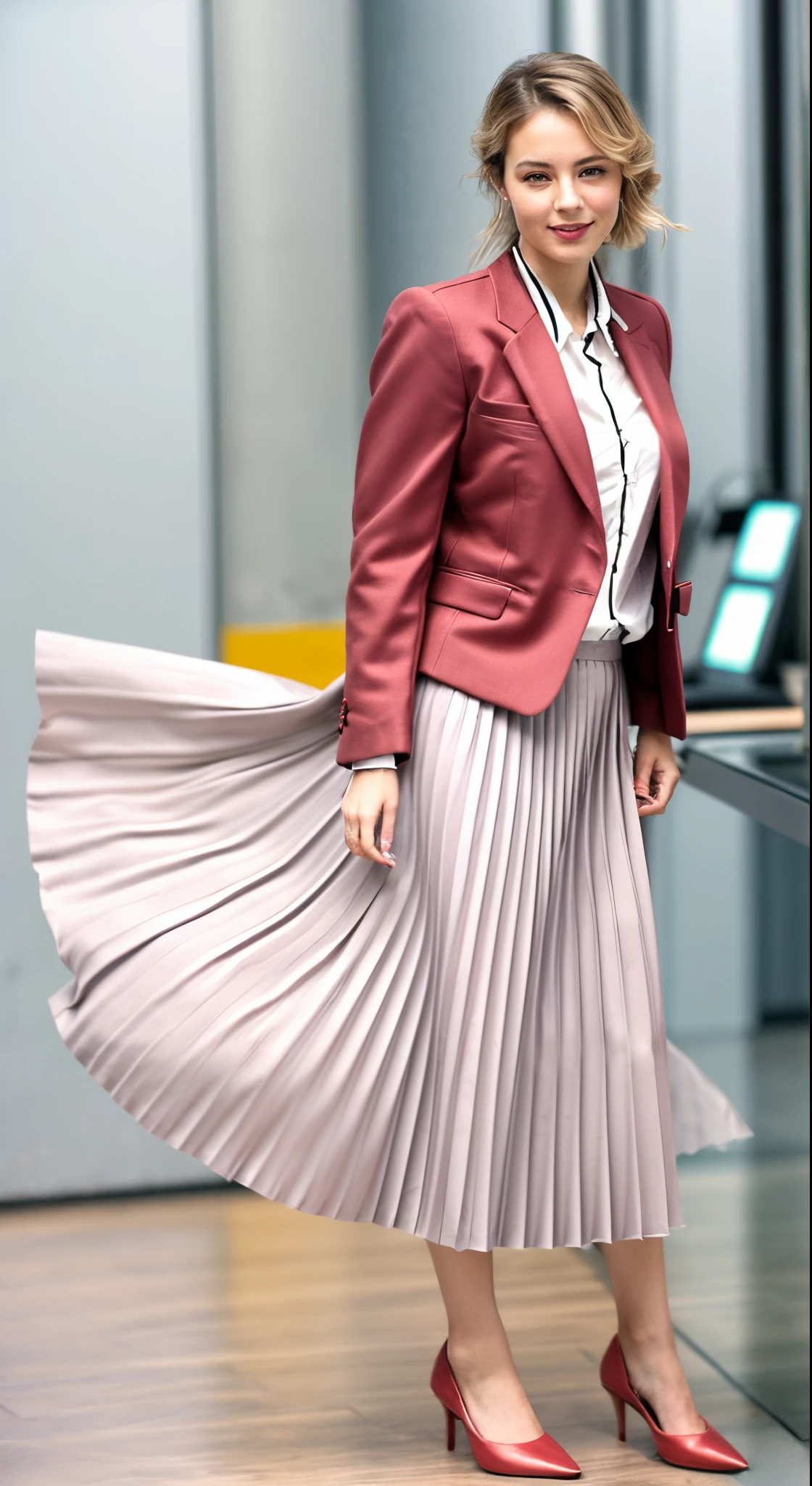 (shy:1,3) smiling woman playing with skirt, dancing, wearing short blazer and very very detailed (long (fully pleated) full circle skirt) and (simple) low heeled office shoes, very very intricate hyper-detailed symmetric (attractive graceful young feminine face) with (sad, tired eyes and a shy smile), large breasts, full of empathy and compassion and love, (pronounced (feminine) features), (highly detailed ultra accurate realistic) hands and fingers, (windy conditions and wind blowing), epic composition, highly detailed attributes, highly detailed space station background, (35mm f1.4 Kodak portra 400 photograph), extremely high quality RAW photograph,