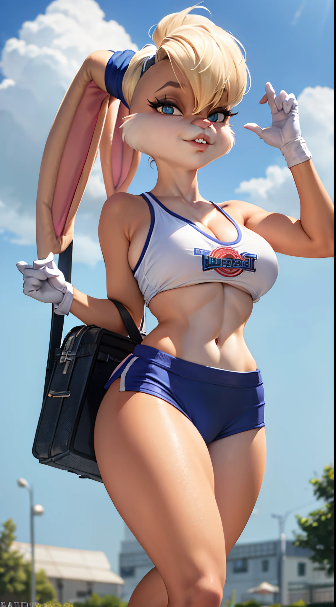 (masterpiece, best quality:1.2), lola bunny, 1girl, breasts, gloves, solo, furry female, rabbit girl, shorts, white gloves, furry, navel, rabbit ears, animal ears, large breasts, cleavage, collarbone, white shorts, midriff, sportswear, sports bra, bare shoulders, standing, stomach, crop top, tail, short shorts, blue eyes, thighs, rabbit tail, basketball uniform, clothes writing, toned, animal nose, parted lips, sleeveless, teeth, short hair, shirt, outdoors, umbrella, grass, holding, field, holding umbrella, standing, grey sky, suitcase, sky, scenery, wide shot, briefcase, cloud, black umbrella