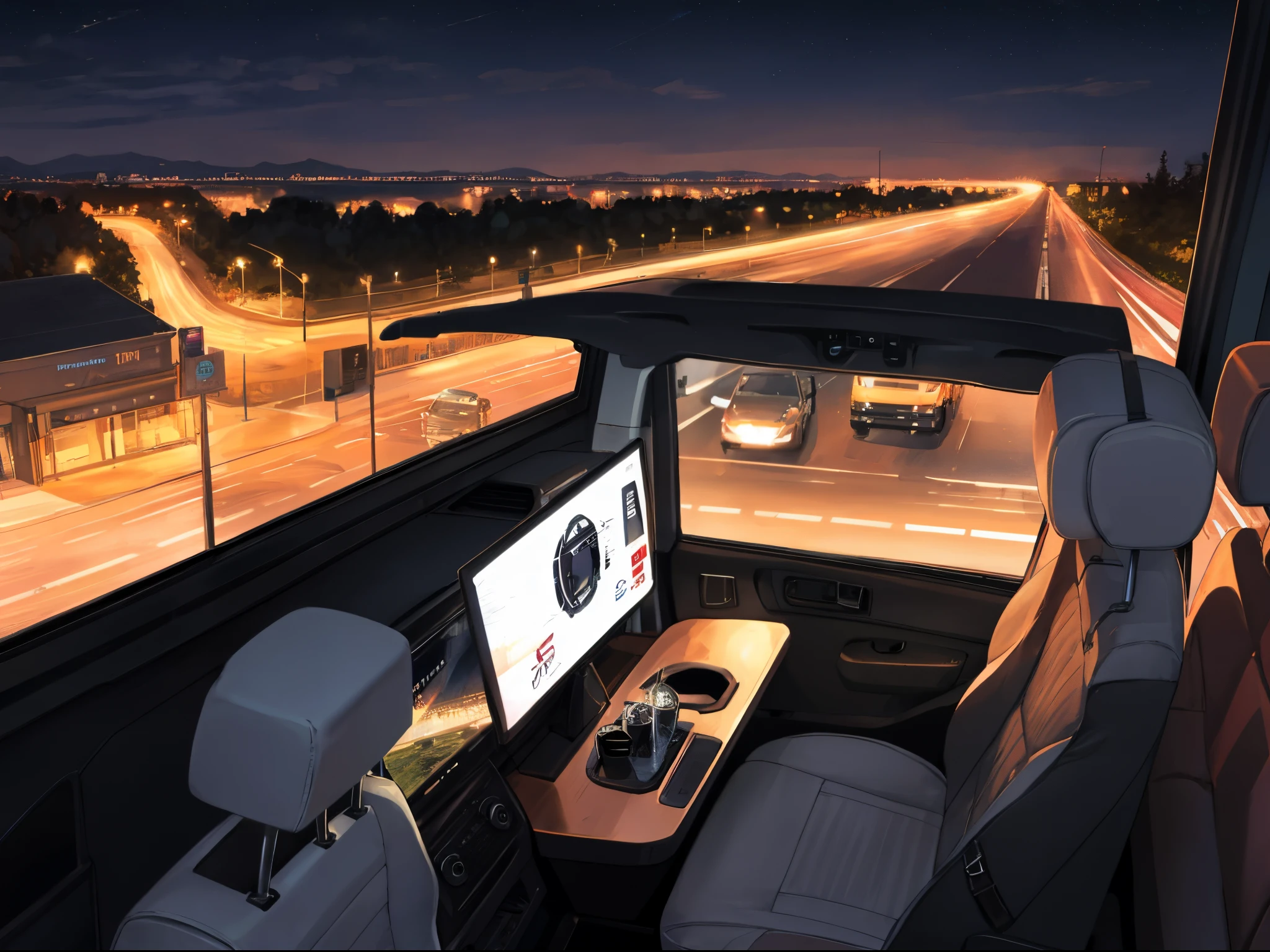 Night view from the driver's seat of a long-distance truck