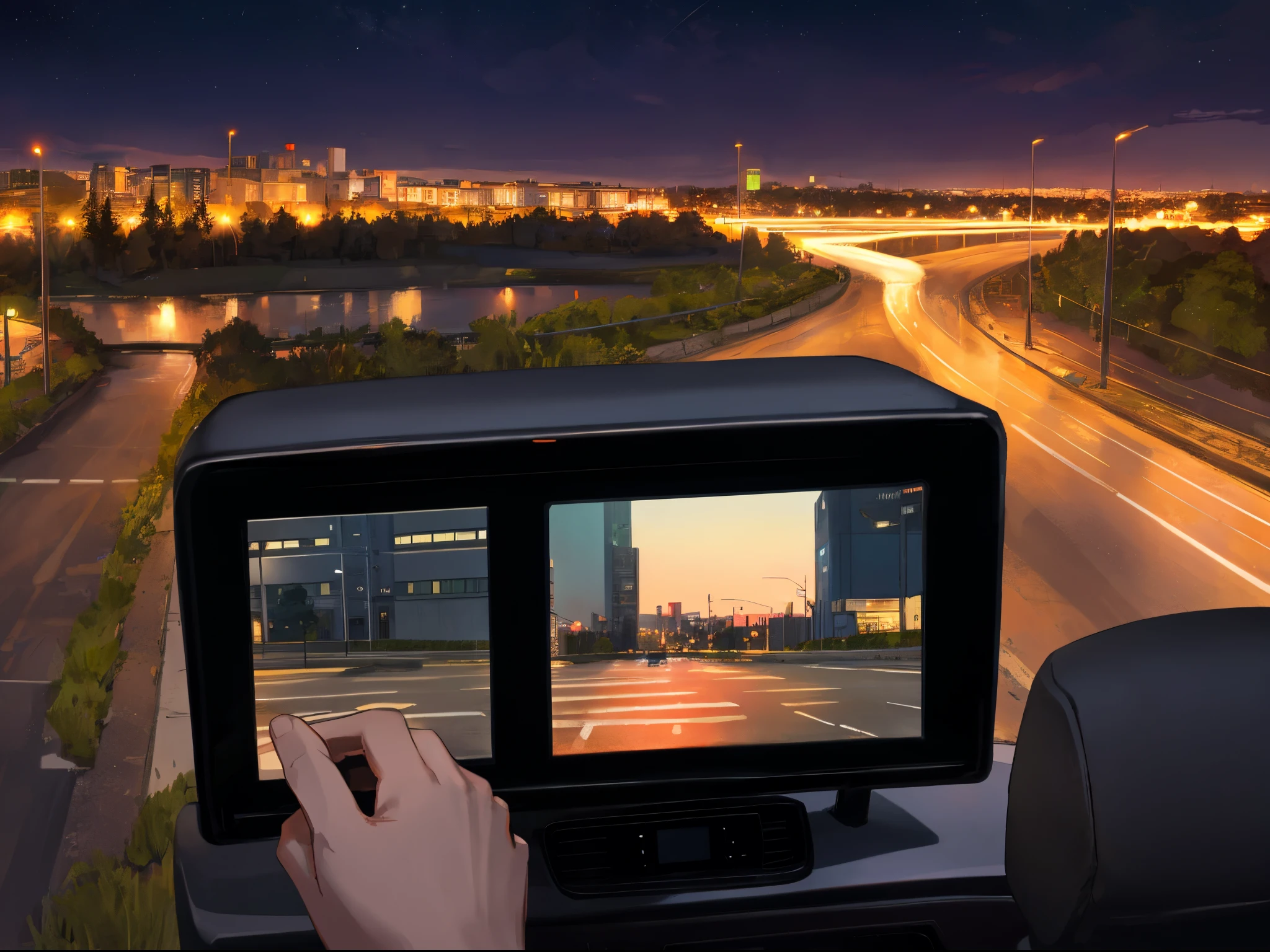 Night view from the driver's seat of a long-distance truck