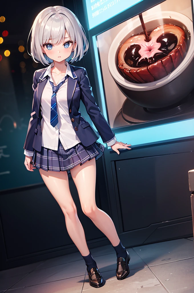 Product quality, ((1girl in)), Full body shot, (low angles:1.2), a Japanese young pretty woman, hyper pretty face, (Silver-haired shorthair), Blushing cheeks, Glossy lips, Glamorous figure, ((Blue checked pleated skirt, neck tie)), (private school uniform), Looking at the camera, Double eyelids in both eyes, Natural makeup, long eyelashes, shiny smooth light brown hair, asymmetrical bangs, Tanned skin, Beautiful hair, Beautiful collarbone, Beautiful body, Beautiful chest, beautiful thigh, Beautiful legs, Beautiful fingers, central image, High resolution, high detailing, detailed hairstyle, Detailed face, spectacular movie lighting, Bokeh background, animesque, Perfect limbs, Perfect Anatomy, tre anatomically correct,