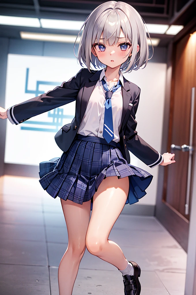 Product quality, ((1girl in)), Full body shot, (low angles:1.2), a Japanese young pretty woman, hyper pretty face, (Silver-haired shorthair), Blushing cheeks, Glossy lips, Glamorous figure, ((Blue checked pleated skirt, neck tie)), (private school uniform), Looking at the camera, Double eyelids in both eyes, Natural makeup, long eyelashes, shiny smooth light brown hair, asymmetrical bangs, Tanned skin, Beautiful hair, Beautiful collarbone, Beautiful body, Beautiful chest, beautiful thigh, Beautiful legs, Beautiful fingers, central image, High resolution, high detailing, detailed hairstyle, Detailed face, spectacular movie lighting, Bokeh background, animesque, Perfect limbs, Perfect Anatomy, tre anatomically correct,