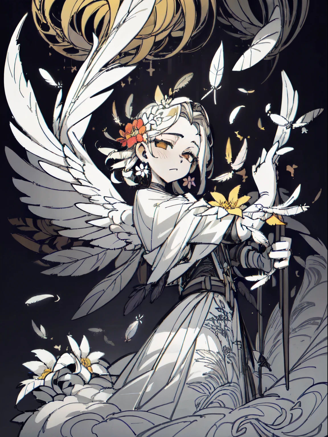 (masterpiece, top quality, best quality, official art, beautiful and aesthetic:1.2), (1girl:1.3), extremely detailed,(fractal art:1.1),(colorful:1.1)(flowers:1.3),highest detailed,(zentangle:1.2), (dynamic pose), (abstract background:1.3), (shiny skin), (many colors:1.4), ,(earrings), (feathers:1.5),