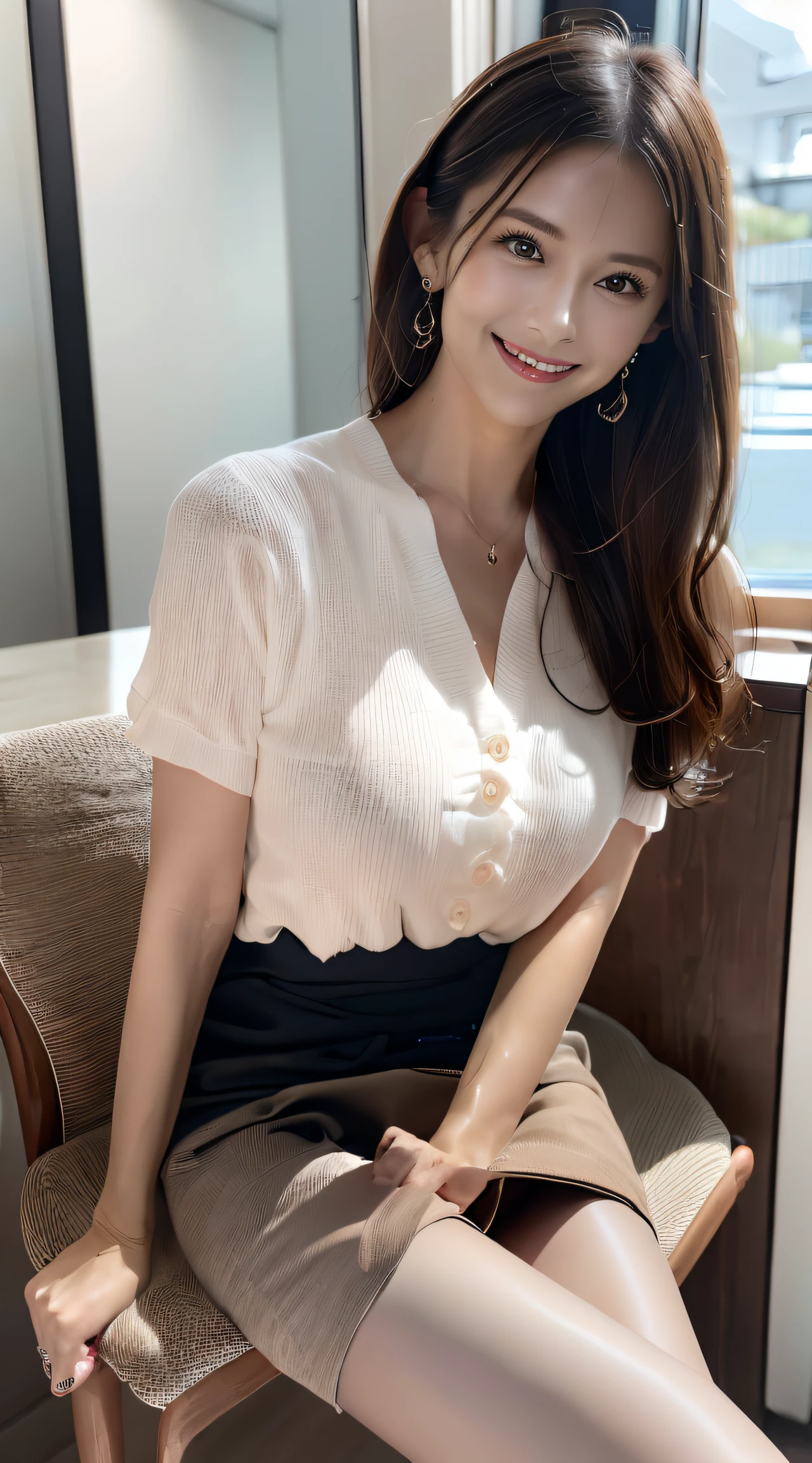 (Best Quality, masutepiece, Ultra HD: 1.3, High brightness, High color saturation), 1girl in, (middlebreasts), light brown hair, Asymmetrical hair, straight haired, Long hair, ( slender body shape, Constricted waist), (Ultra Fine Face), Delicate lips, (beautidful eyes), thin blush, eyes are brown, perfect glossy skin, View here, Smiling smile, ( hide one's hands), (Sitting on a bench), (thin and long legs, Thighs and toes:1.5), See-through white blouse, Tight skirt, (White pumps), (a japanese girl, hposing Gravure Idol), Broad-leaved forest, 135 mm, Fuji Film