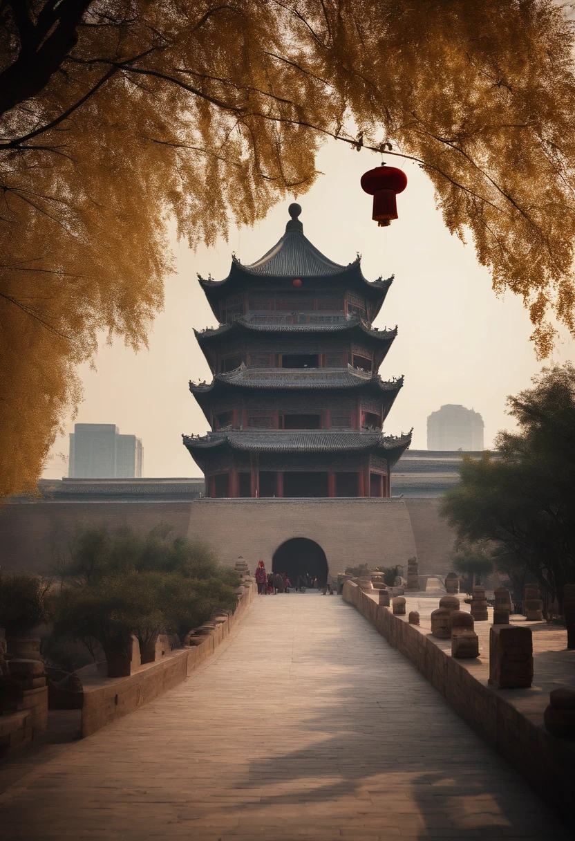 Close-up of Beijing Drum Tower,Ancient architecture combined with the city of the future,Cyberpunk night view,A little perspective,Front view,フォトリアリスティック,cinematic Film still from,Studio background