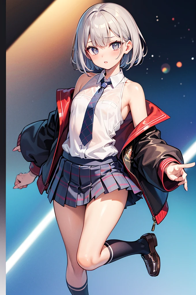 Product quality, ((1girl in)), Full body shot, (low angles:1.2), a Japanese young pretty woman, hyper pretty face, (Silver-haired shorthair), Blushing cheeks, Glossy lips, Glamorous figure, ((Blue checked pleated skirt, neck tie)), (private school uniform), Looking at the camera, Double eyelids in both eyes, Natural makeup, long eyelashes, shiny smooth light brown hair, asymmetrical bangs, Tanned skin, Beautiful hair, Beautiful collarbone, Beautiful body, Beautiful chest, beautiful thigh, Beautiful legs, Beautiful fingers, central image, High resolution, high detailing, detailed hairstyle, Detailed face, spectacular movie lighting, Bokeh background, animesque, Perfect limbs, Perfect Anatomy, tre anatomically correct,