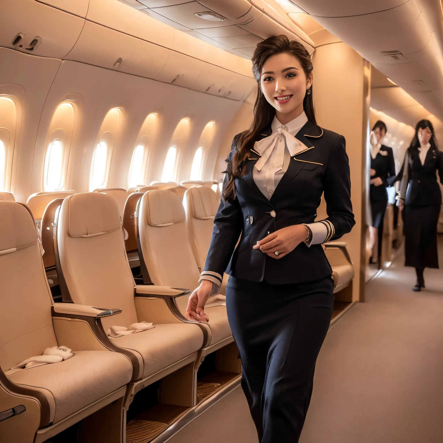 ((top-quality、masutepiece、8K、Top image quality、Hyper-Realism))、(1 photo:1.5)、((1 female stewardess、hyperdetailed face、walk gracefully down the aisle、cowboy  shot、Take a photo of her from the waist up))、((The background is an airplane aisle))、(the most luxurious interior、most luxurious cabin、The most luxurious and exclusive airplane interiors、luxurious royal interior、Top class seats:1.5)、(she&#39;s walking down the perfect aisle:1.5)、(The perfect stewardess uniform:1.5)、(Exposing the forehead、Chignon)、large full breasts、The Biggest Smile、white big teeth、Perfect makeup、long eyelashes、View me、smile your best smile、perfect anatomia