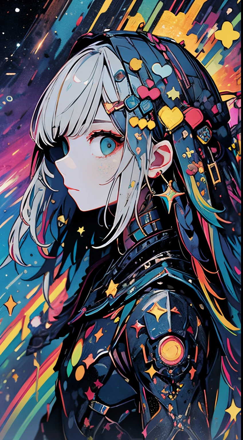 Woman with iridescent hair and detailed teal dress armor, Standing, rainbow colored cosmic nebula background, Stars, intergalactic, Intricate details, Perfect face