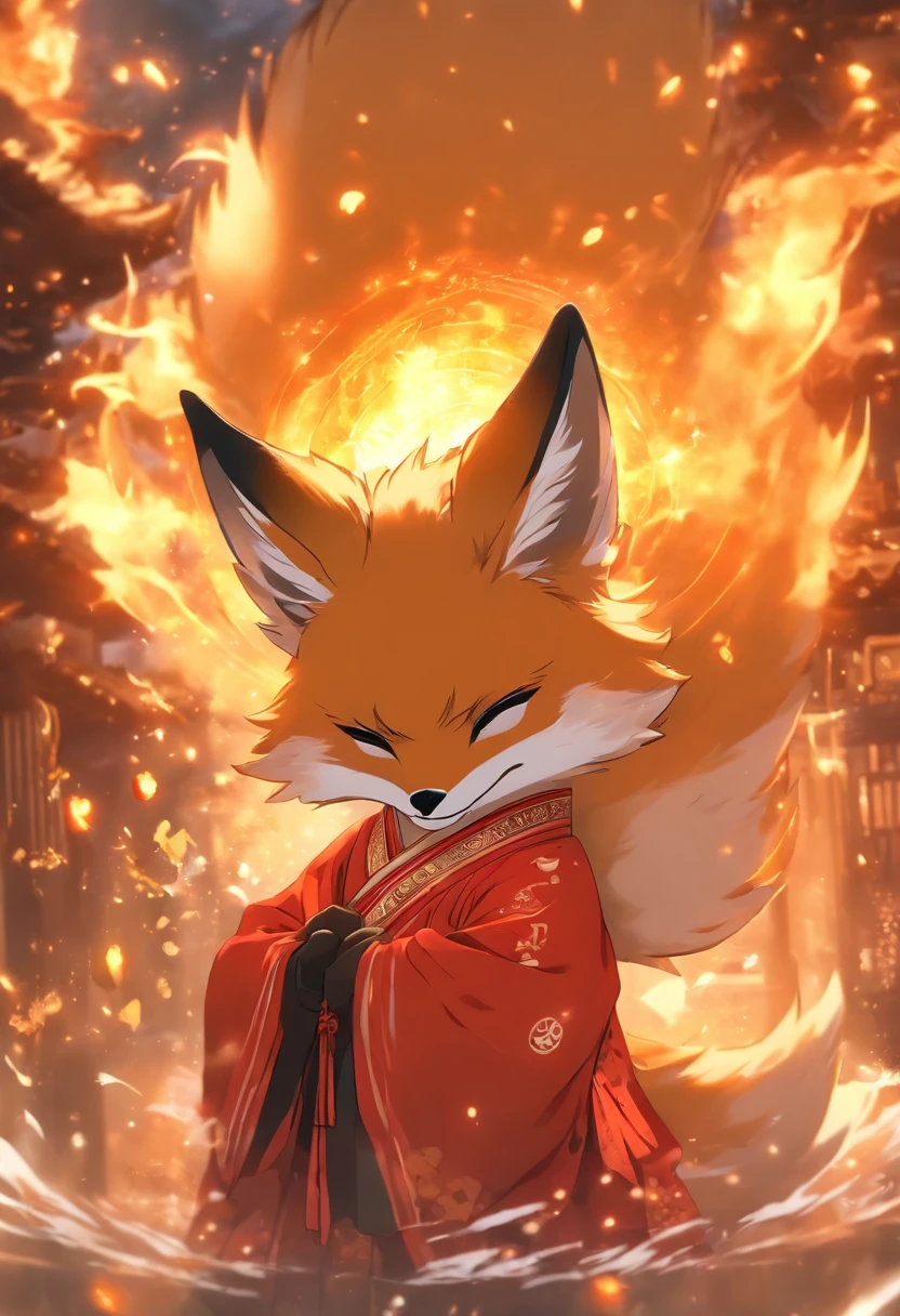 (tmasterpiece), (Best quality at best), Cinematic quality，Rendered by Octane，Ultra-detailed details，1 boy,Cool action，Wearing ancient Chinese Hanfu，(Ancient Chinese Formation:1.2),Energy surrounds，light particle fluid，Fairy air fluttering，Luminous magic circle，Summon ancient beasts，（Behind him，is a huge fox：1.5）