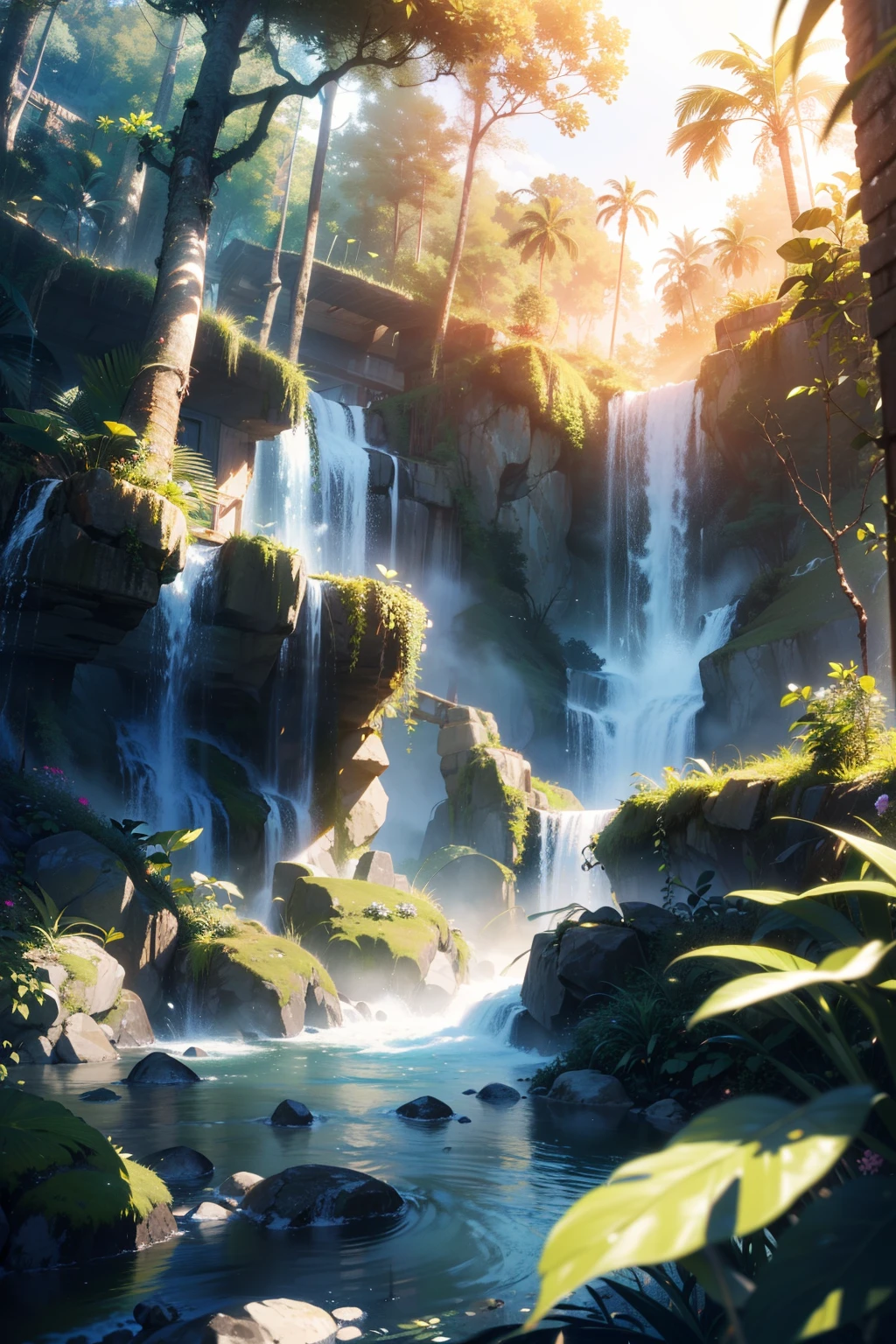 masutepiece, Best Quality, (the Extremely Detailed CG Unity 8K Wallpapers), (Best Quality), (Best Illustrations), (Best Shadows), Land suspended in the air with vines at the base , Rainforest on both sides, At the waterfall falling from the top, Isometric 3D, Octane Rendering, Ray tracing, super detailed