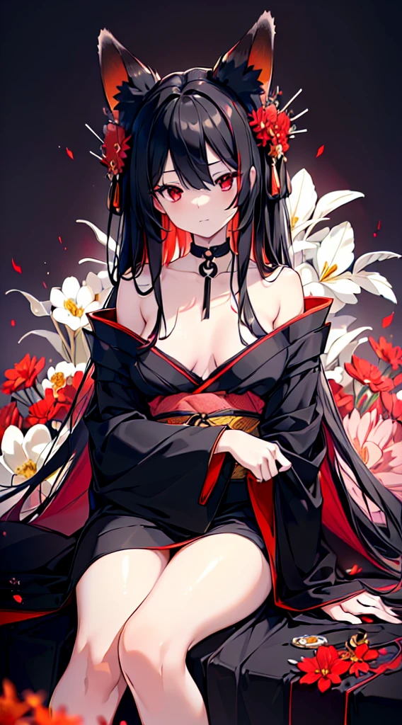 (extremely detailed CG unity 8k wallpaper), (((ultra-detailed))), ((extremely detailed)), (((intricate details))), (((best illustration))), best illumination, ((extremely delicate and beautiful)), ((an extremely delicate and beautiful girl)), colorful, manjusaka, red flower field, (((colorful flowers))), ((solo:1.9)), ((1 fox girl)), (Black and red Kitsune with long black hair with fox ears and fox tail), (2 colors black and red fox ears:1.6), (2 colors black and red single fox tail:1.6), ((finely detailed beautiful eyes and detailed face)), sad expression, melancholic smile, long hair, (((black hair))), (red eyes:1.9), beautiful detailed eyes, mature female, gentle, slender, medium ??????, (Black and red ???? elegant kimono dress:1.3), (medium height black boots:1), ((black choker with red pendent:1)), manjusaka birthmark on neck, sitting, bishoujo, 19 years old,