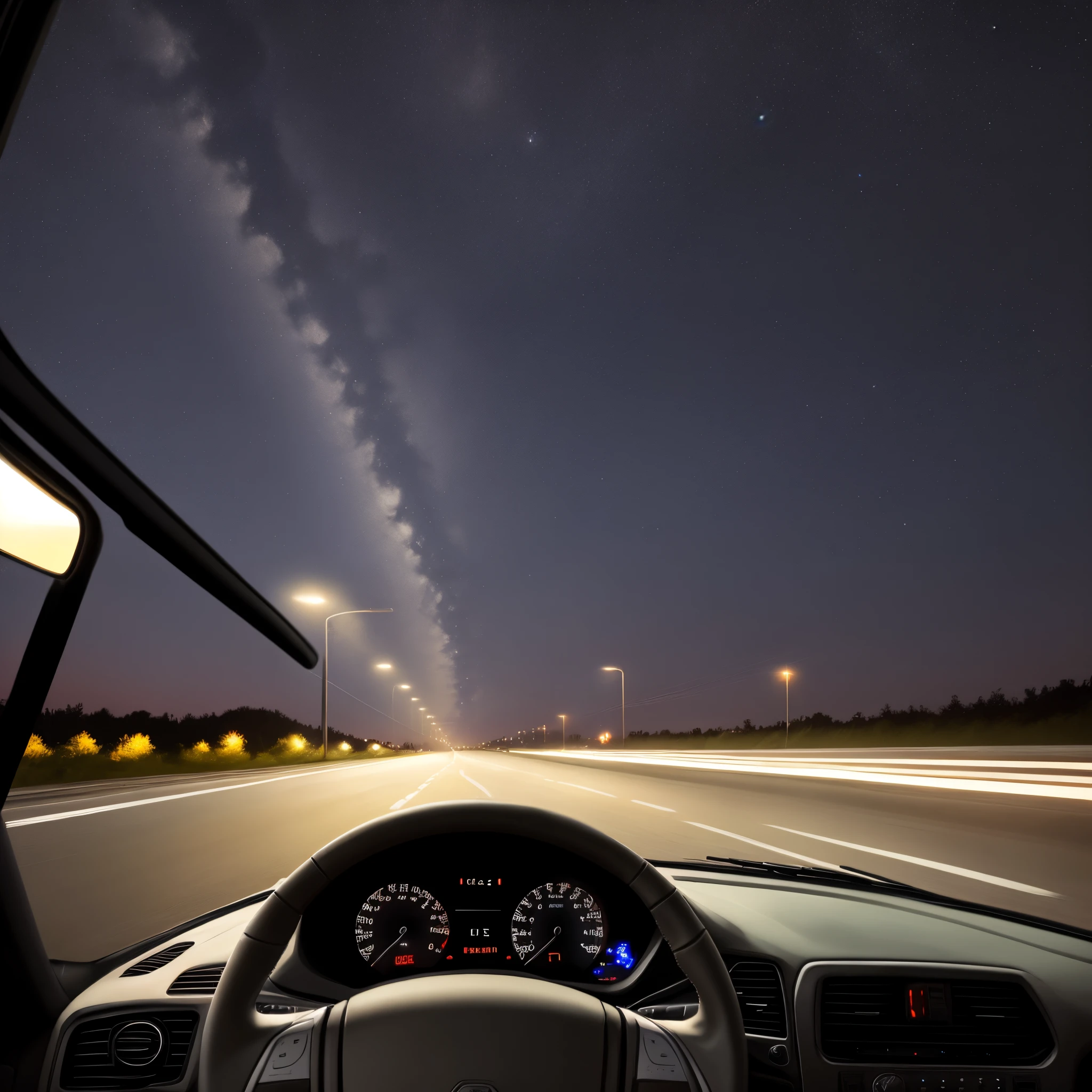 Night view from the driver&#39;s seat of a long-distance truck while driving on a fairly dark highway