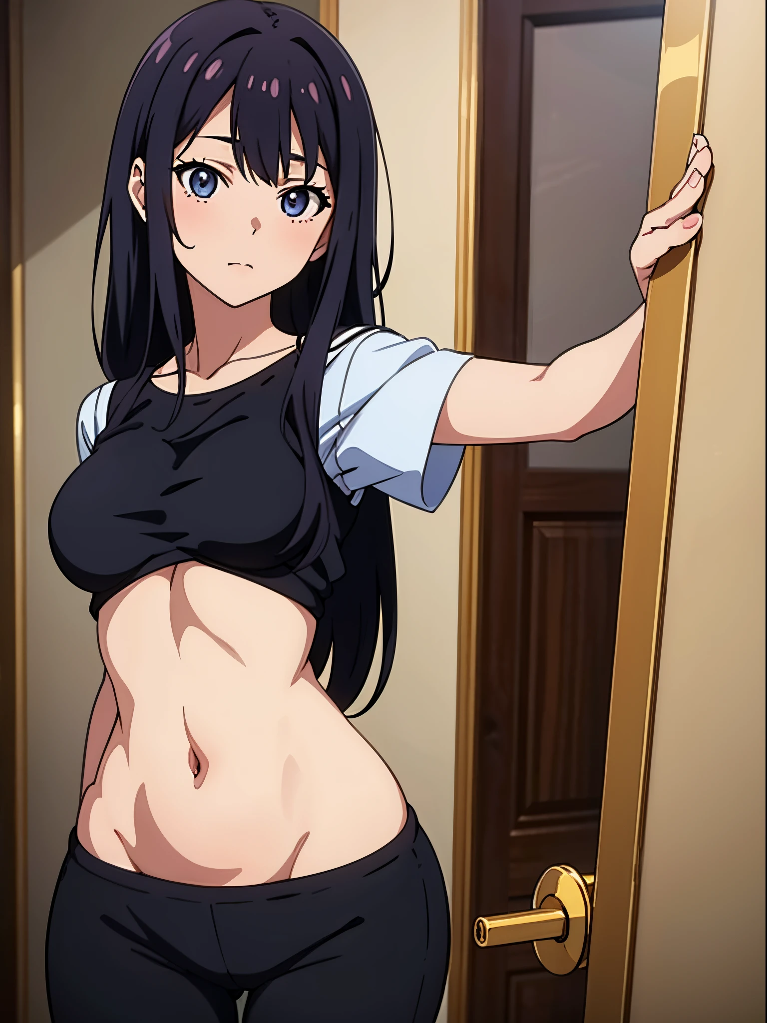 A woman who is，[Wear black leggings]!!!，Posing for photos leaning against the door, The head is not exposed，[Wear white short-sleeved upper body with belly button exposed]!!!，[Bust photo]!!!an anime drawing by Shitao, Hot topics on pixiv, scribbles, realistic anime 3D style, seductive anime girls, attractive anime girls, Guweiz style artwork, beautiful alluring anime teen, Casual pose, anime girl in real life, realistic young anime girl, ecchi style