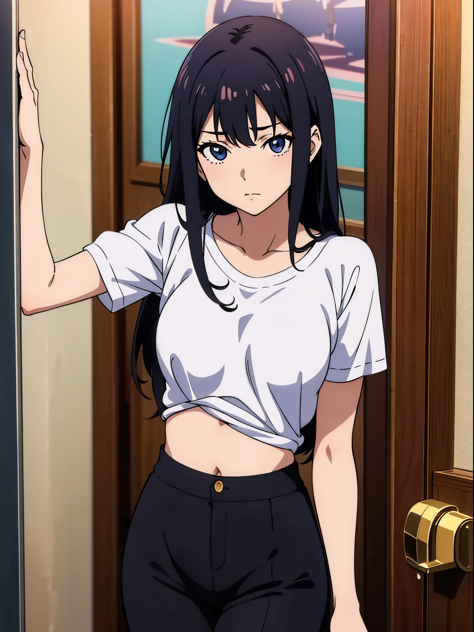 A woman who is，[Wear black leggings]!!!，Posing for photos leaning against the door, The head is not exposed，[Wear white short-sleeved upper body with belly button exposed]!!!，[Bust photo]!!!an anime drawing by Shitao, Hot topics on pixiv, scribbles, realistic anime 3D style, seductive anime girls, attractive anime girls, Guweiz style artwork, beautiful alluring anime , Casual pose, anime girl in real life, realistic young anime girl, ecchi style