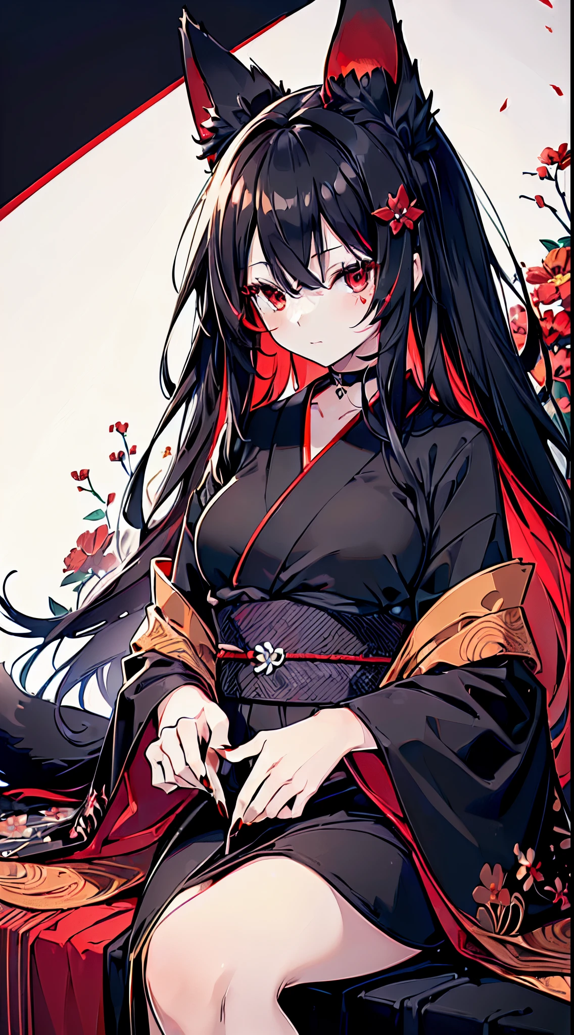 (extremely detailed CG unity 8k wallpaper), (((ultra-detailed))), ((extremely detailed)), (((intricate details))), (((best illustration))), best illumination, ((extremely delicate and beautiful)), ((an extremely delicate and beautiful girl)), colorful, manjusaka, red flower field, (((colorful flowers))), ((solo:1.9)), ((1 fox girl)), (Black and red Kitsune with long black hair with fox ears and fox tail), (2 colors black and red fox ears:1.6), (2 colors black and red single fox tail:1.6), ((finely detailed beautiful eyes and detailed face)), sad expression, melancholic smile, long hair, (((black hair))), (red eyes:1.9), beautiful detailed eyes, mature female, gentle, slender, medium breast, (Black and red sexy elegant kimono dress:1.3), (medium height black boots:1), ((black choker with red pendent:1)), manjusaka birthmark on neck, sitting, bishoujo, 19 years old,