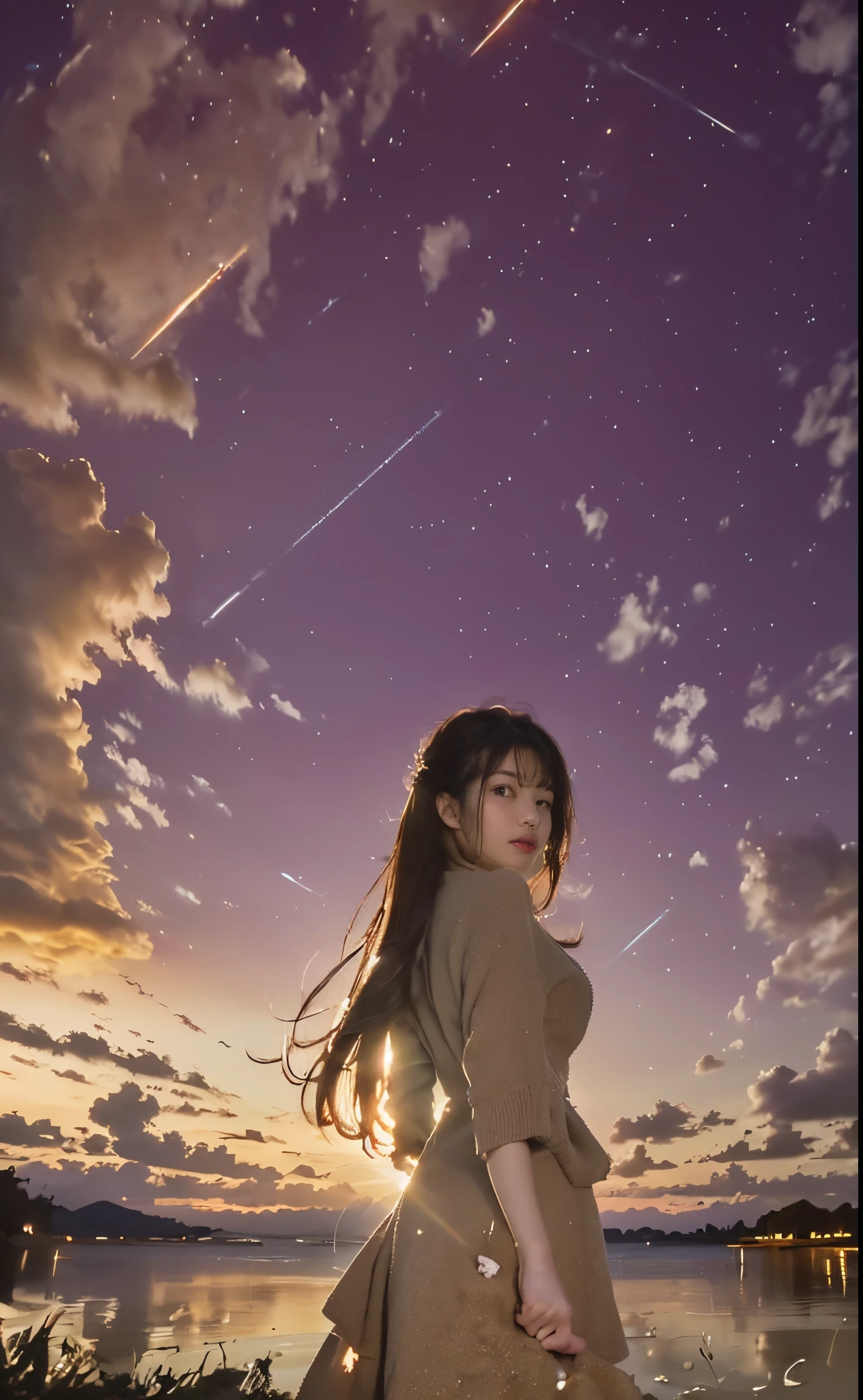 masterpiece, top-quality, film still, 1girl in, (((A girl in the sand with her back to the camera looking at the sea))), Cloud Girl, floating in sky, far away from the camera, with light glowing, glad, Soft and warm lighting, Solar sunset, (sparks: 0,7)Hatakanbou