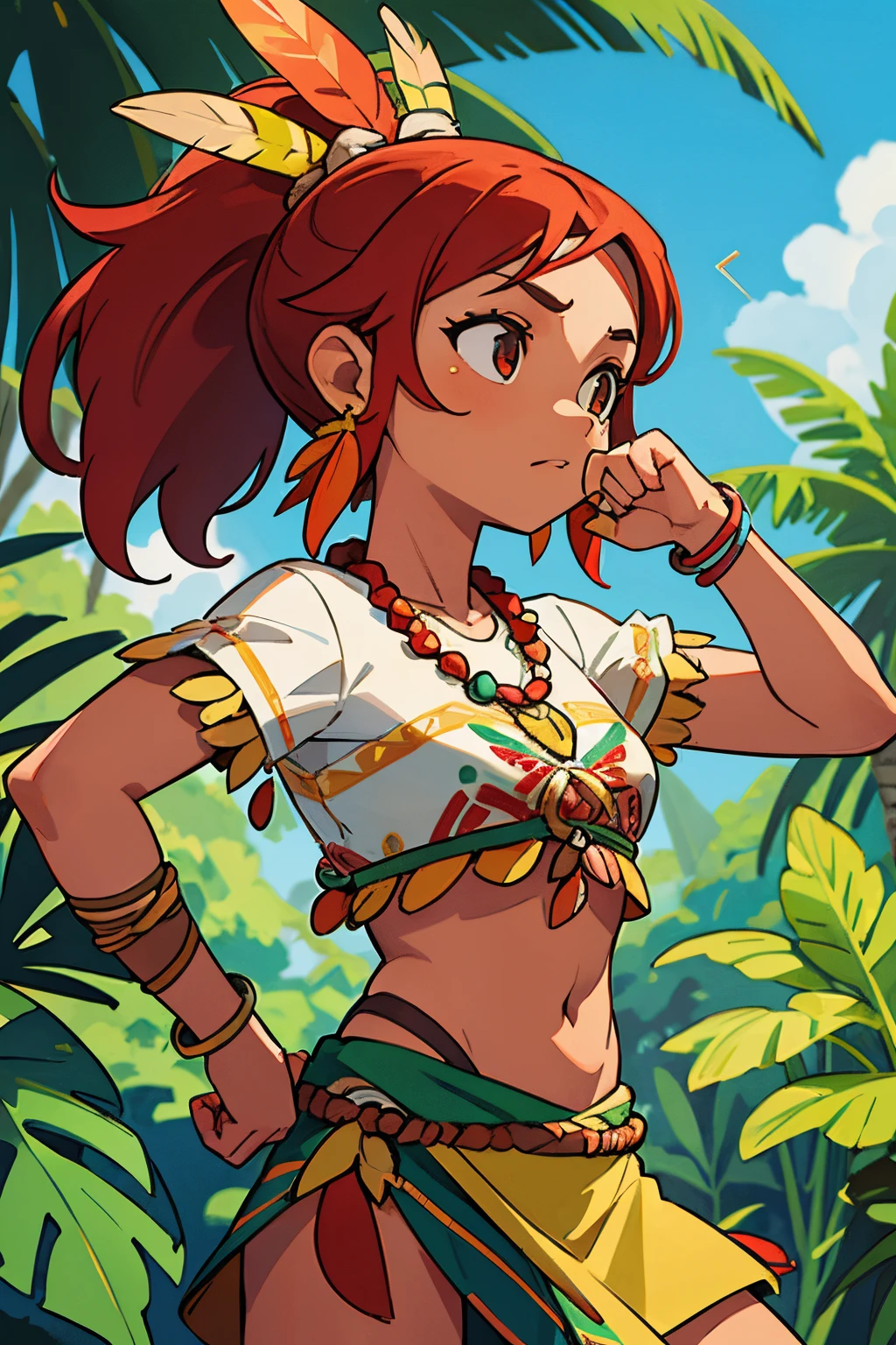 a native Brazilian Indian She is standing, em um ambiente de floresta tropical, She also wears necklaces and bracelets made from seeds and shells......., that symbolize the connection with nature. Her red hair is adorned with multicolored feathers., exibindo sua cultura e individualidade. His face is marked by tribal paintings, que representam a ancestralidade e a identidade de sua tribo. pele morena. His bow and arrow battle pose shows his strength
