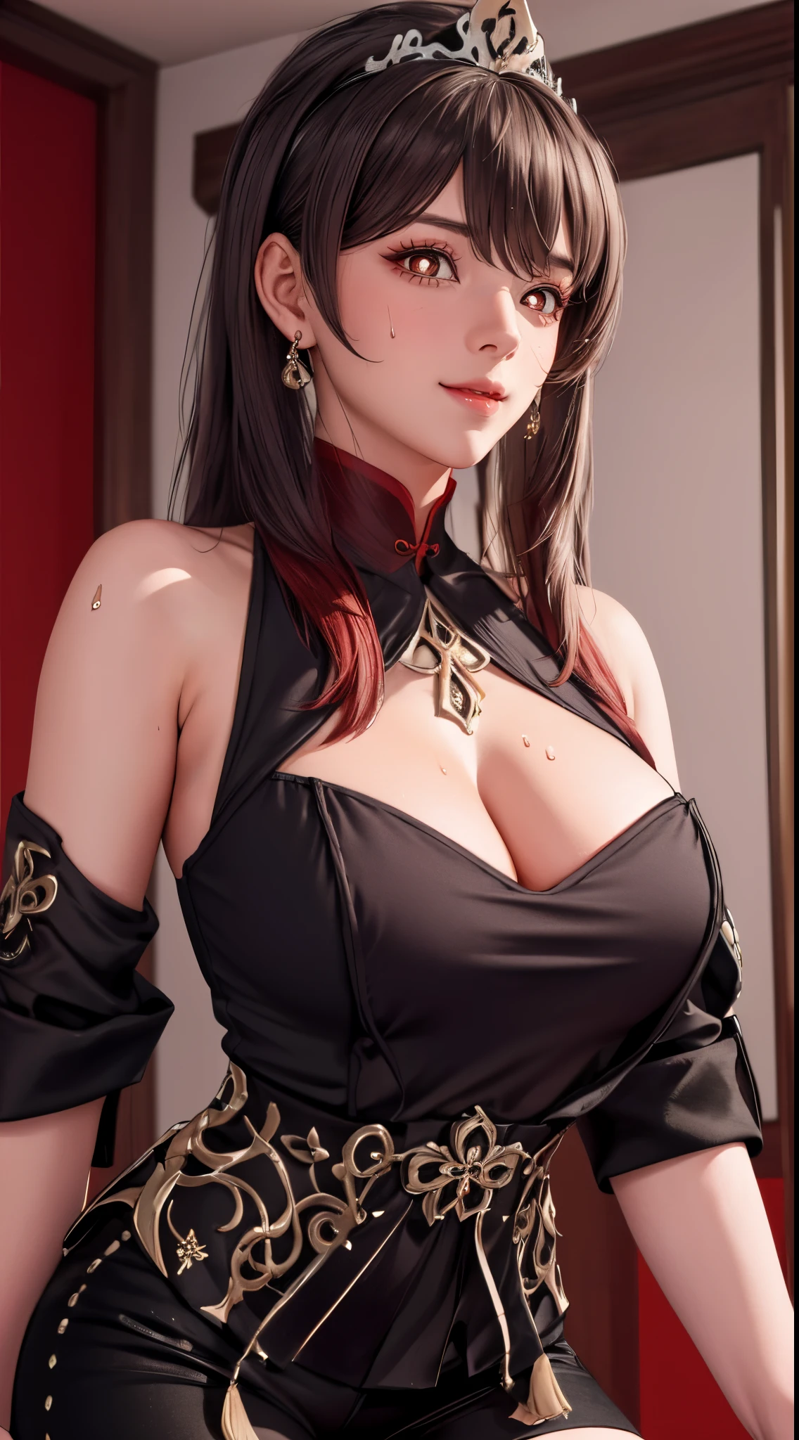 (((walnut one plus,Walnut V4, symbol shape student, flower shaped pupils, face flushed, ssmile, with her mouth open, longer sleeves, There is cleavage, jewely, flowers blooming, upper legs, shorter pants, sockes, Black tiara, Chinese clothes, Black shorts, Cap flower,,Fashionab))),((tmasterpiece)),A high resolution, ((Best quality at best)),tmasterpiece,top-quality,Best quality,((( exquisite facial features,looking at viewert,There is light in the eyes,Smilingly,Self-confident ))),(((Light and shadow interlace,huge boob,Lop,Protruding nipples))),(((araf asian woman posing, (((perspired,steams))),araf asian woman posing, sweating body, Wet with, 24 years old female model, )))