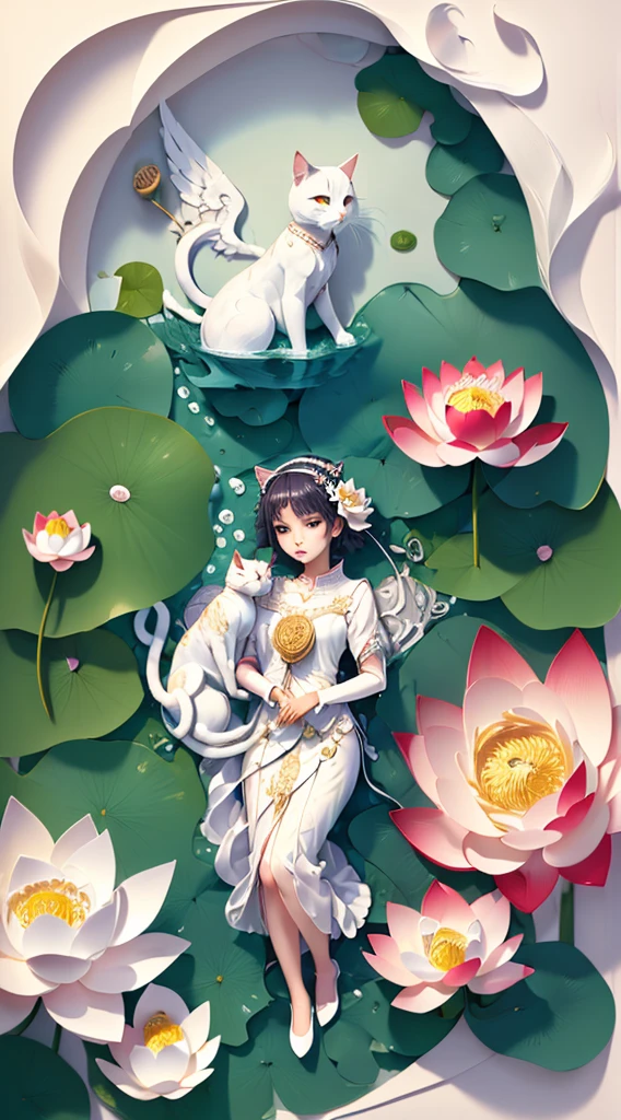 (((masterpiece))),bestquality,illustration,beautifuldetailedglow,
paper_cut, 1girl,solo,angel, full body,colorful,white cloth,(water),(lotus), cat,