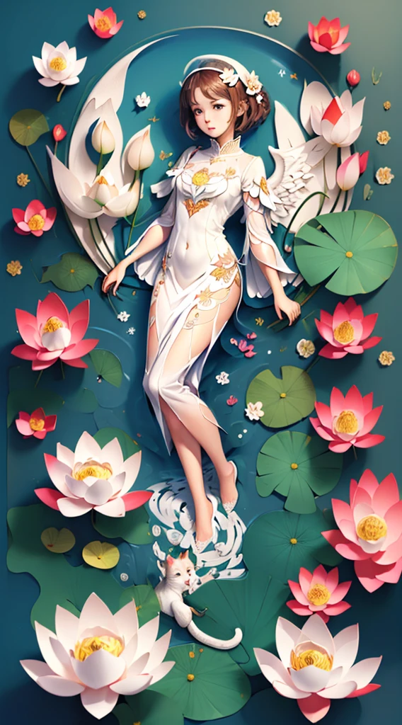 (((masterpiece))),bestquality,illustration,beautifuldetailedglow,
paper_cut, 1girl,solo,angel, full body,colorful,white cloth,(water),(lotus), cat,