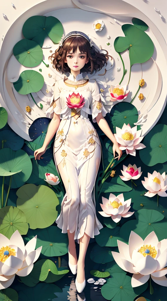 (((masterpiece))),bestquality,illustration,beautifuldetailedglow,
paper_cut, 1girl,solo,angel, full body,colorful,white cloth,(water),(lotus), cat,