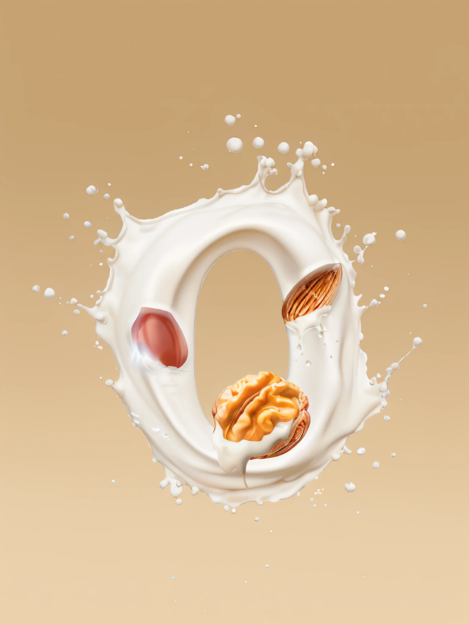 Alafas falls into the air with a large amount of milk, nuts, highly detailed composition, 000, 0 0 0, on a pale background, on simple background, Made with illustrator, Smooth 3D illustration, Smooth 3D illustration, author：Masa Nakayama, photorealistic illustration, on gray background, promotional render, Hyper-realistic illustration, cg art