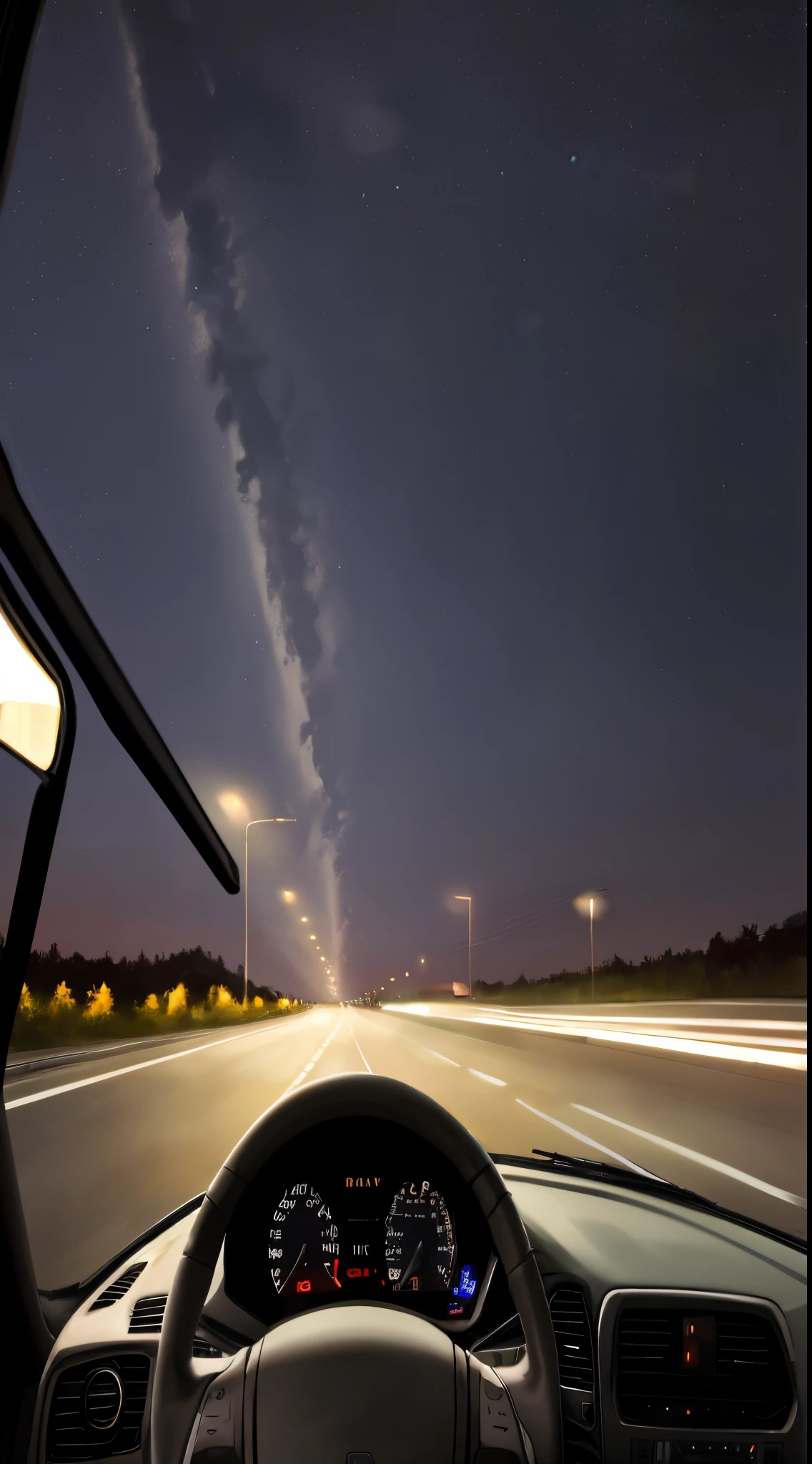 Night view seen from the driver'The seat of a long-distance truck traveling on a fairly dark highway