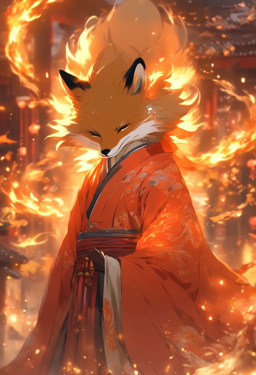 (tmasterpiece), (Best quality), Cinematic quality，Rendered by Octane，Ultra-detailed details，1 boy,Cool action，Wearing ancient Chinese Hanfu，(Ancient Chinese Formation:1.2),energy surround，light particle fluid，Fairy air fluttering，Luminous magic circle，Summon ancient beasts，（Behind him，is a huge fox：1.5）