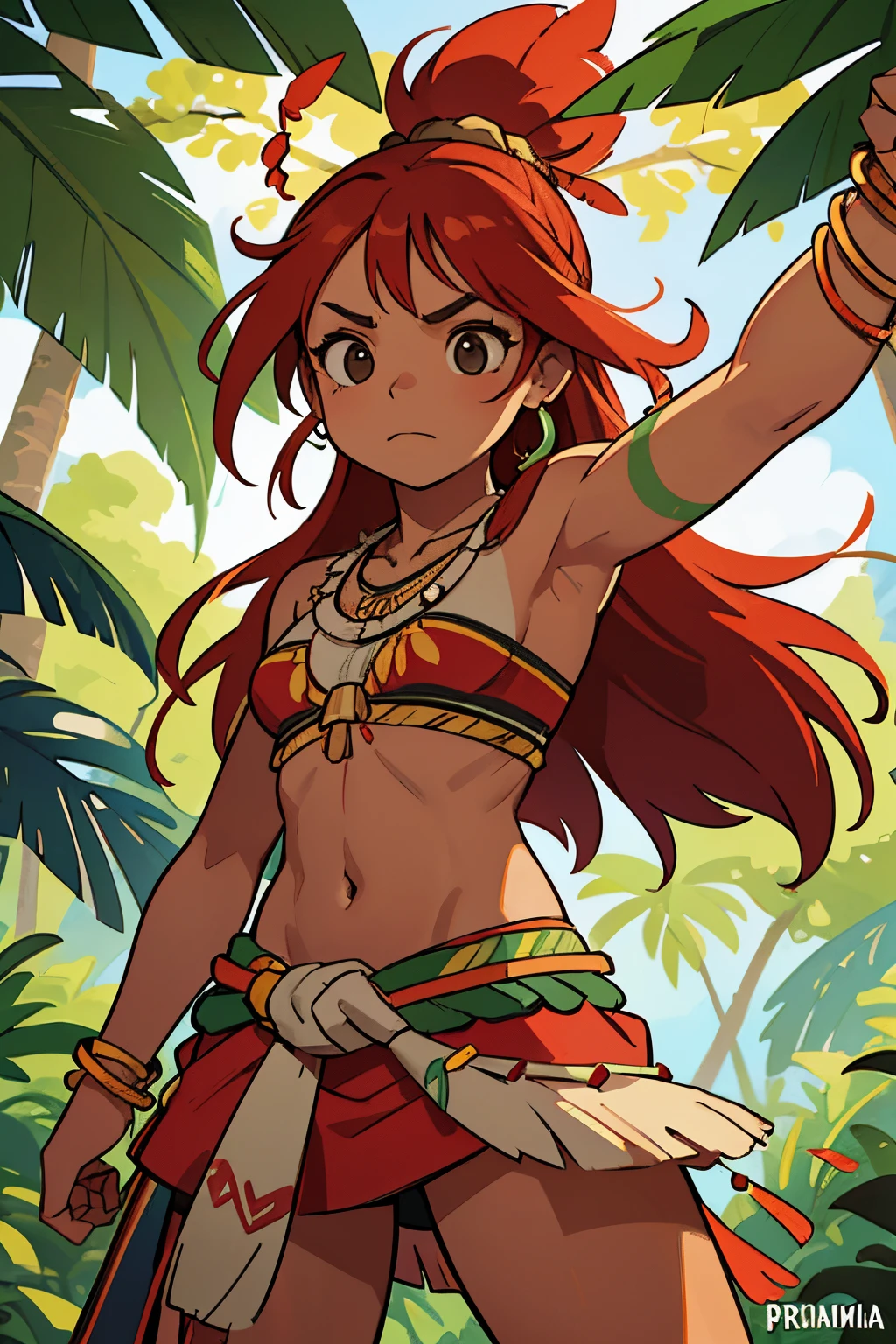 a native Brazilian Indian She is standing, em um ambiente de floresta tropical, She also wears necklaces and bracelets made from seeds and shells........., that symbolize the connection with nature. Her red hair is adorned with multicolored feathers., exibindo sua cultura e individualidade. His face is marked by tribal paintings, que representam a ancestralidade e a identidade de sua tribo. pele preta. His bow and arrow battle pose shows his strength