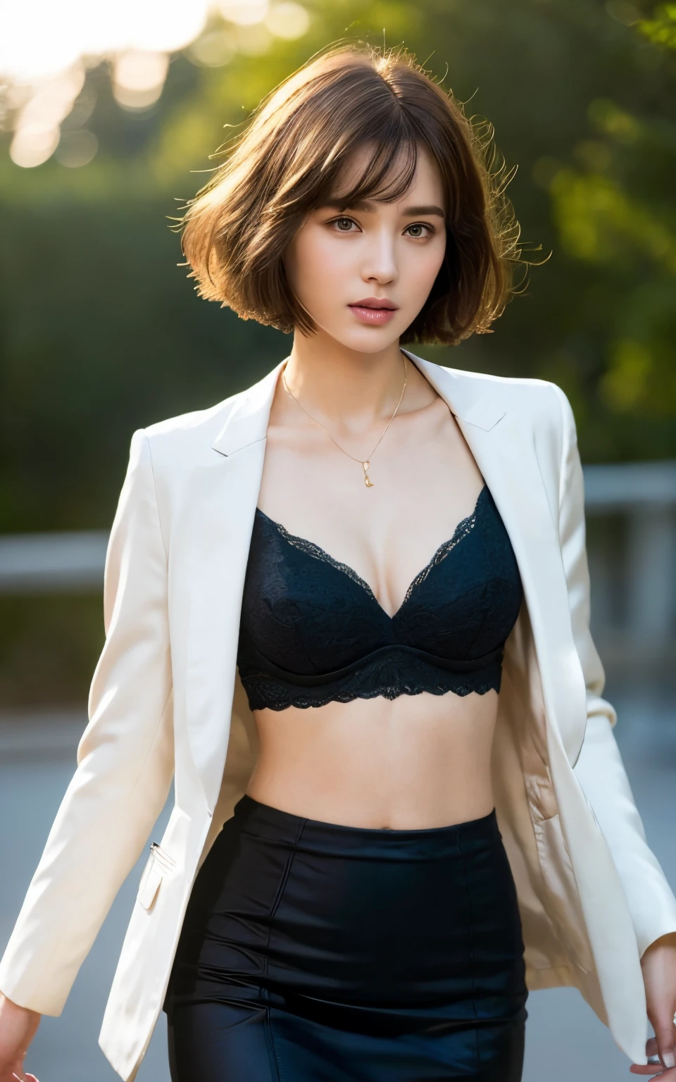 ((top-quality、8K、​masterpiece: 1.erfect Body Beauty: 1.4、Slender Abs: 1.2、Beautiful woman with slender abs:1.3、(Highlight Haircutreast B Cup:1.2), medium breast, round shape breast, perfect shape breast, ((blazer , bra, sexy panties )), necklace, hyperdetailed face、18year old、 Pretty women、(Dark brown short-cut hair), Slim Face、Highly detailed facial and skin texture、very detailed lips、opens legs、top-quality、​masterpiece、超A high resolution、(Photorealsitic:1.4), walked forward confidently, long shot ,  studio setup, photography steup, light from both side, gray background