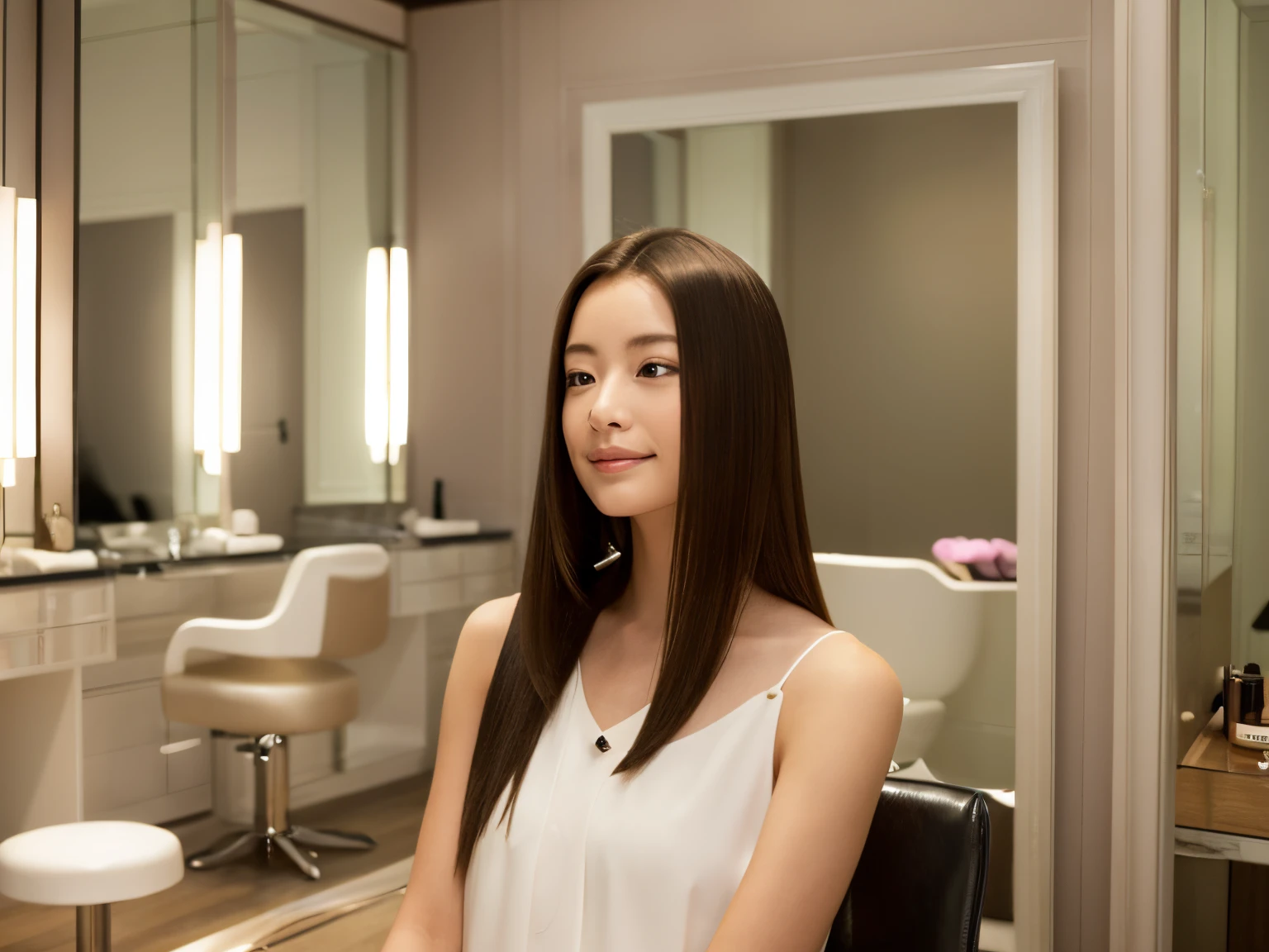 In a modern Japanese beauty salon、A scene of a woman gently stroking her hair as it is being styled by a hairdresser。She looks in the mirror、I feel happy and satisfied with the smooth feel and appearance., perfect straight hair.。A salon with a modern and sophisticated design..、Providing a luxurious hair care experience。the background is white。
