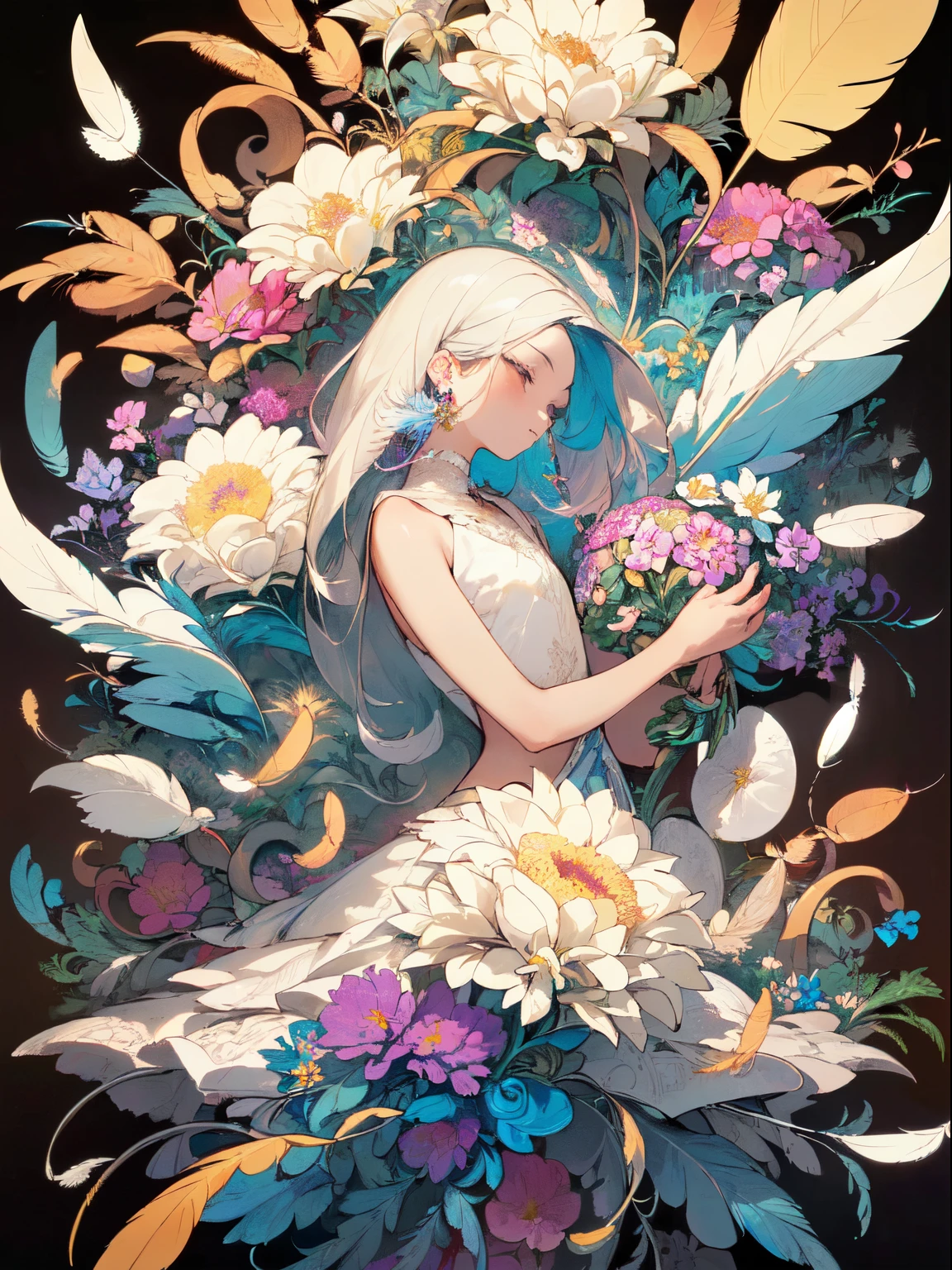 (masterpiece, top quality, best quality, official art, beautiful and aesthetic:1.2), (1girl:1.3), extremely detailed,(fractal art:1.1),(colorful:1.1)(flowers:1.3),highest detailed,(zentangle:1.2), (dynamic pose), (abstract background:1.3), (shiny skin), (many colors:1.4), ,(earrings), (feathers:1.5),