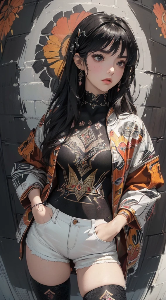 (((8k wallpaper of extremely detailed CG unit:1.2, ​masterpiece, hight resolution:1.2, top-quality:1.2, masutepiece))), ((a very beautiful woman, Hands in pockets:1.8, Grunge Fashion:1.2, Wear outerwear:1.2, Wearing hot pants, wearing tights and boots)), ((extra detailed face, Highly detailed black eyes:1.2, extra detailed body, Top quality real texture skins)), (A dark-haired, length hair, de pele branca), ((Colorful geometric patterns are painted all over the wall..)), (high-angle:1.2, Fisheye:1.3), hyper realisitic, digitial painting,