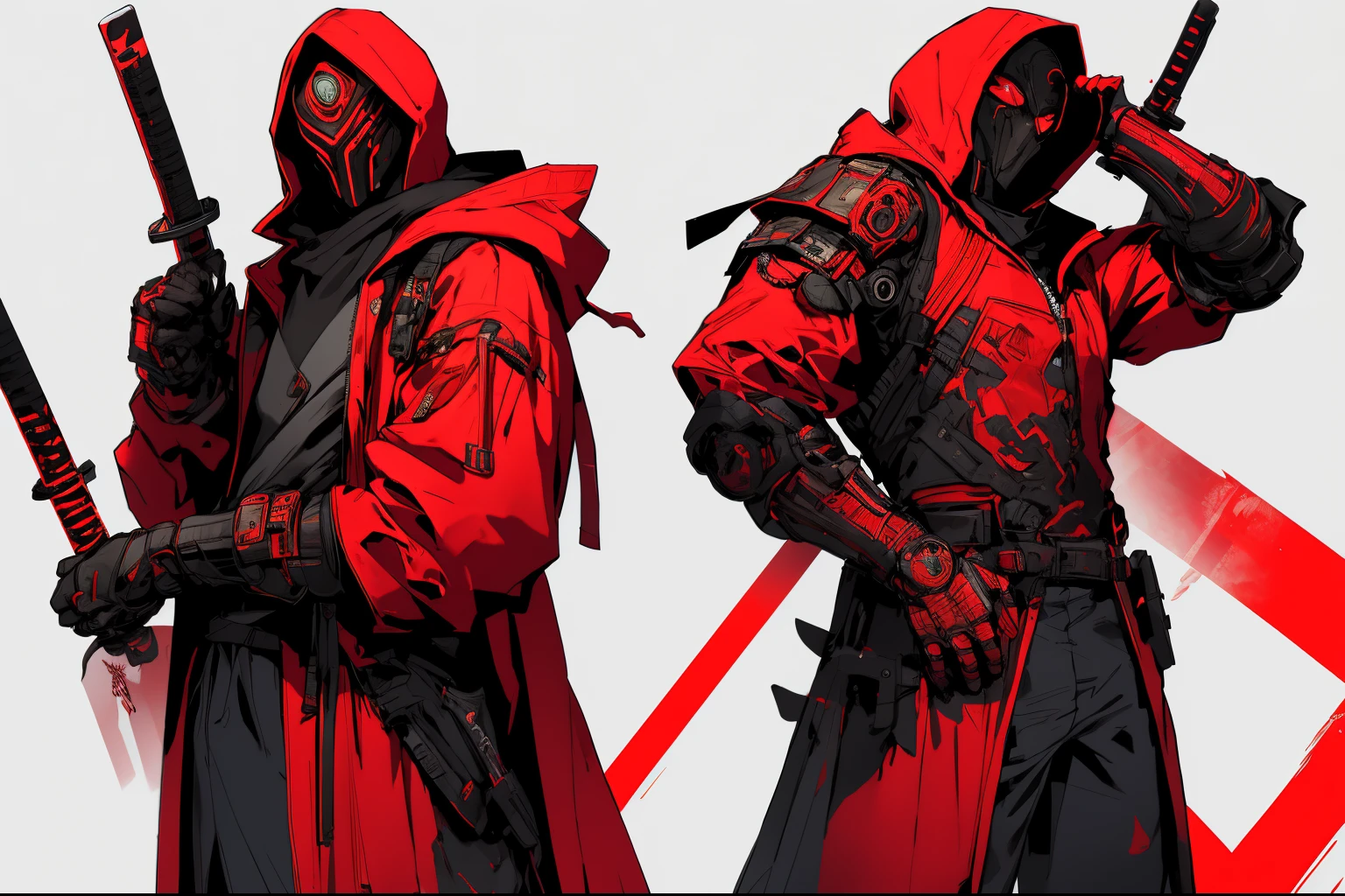 a man in a red jacket and black pants wearing a mask standing in a dark room, wearing cultist red robe, crimson attire, character from mortal kombat, as a character in tekken, fighting game character, cyberpunk assassin, red hooded mage, cyberpunk outfits, crimson clothes, the red ninja, wearing leather assassin armor, an edgy teen assassin, cool red jacket, cyberpunk street goon