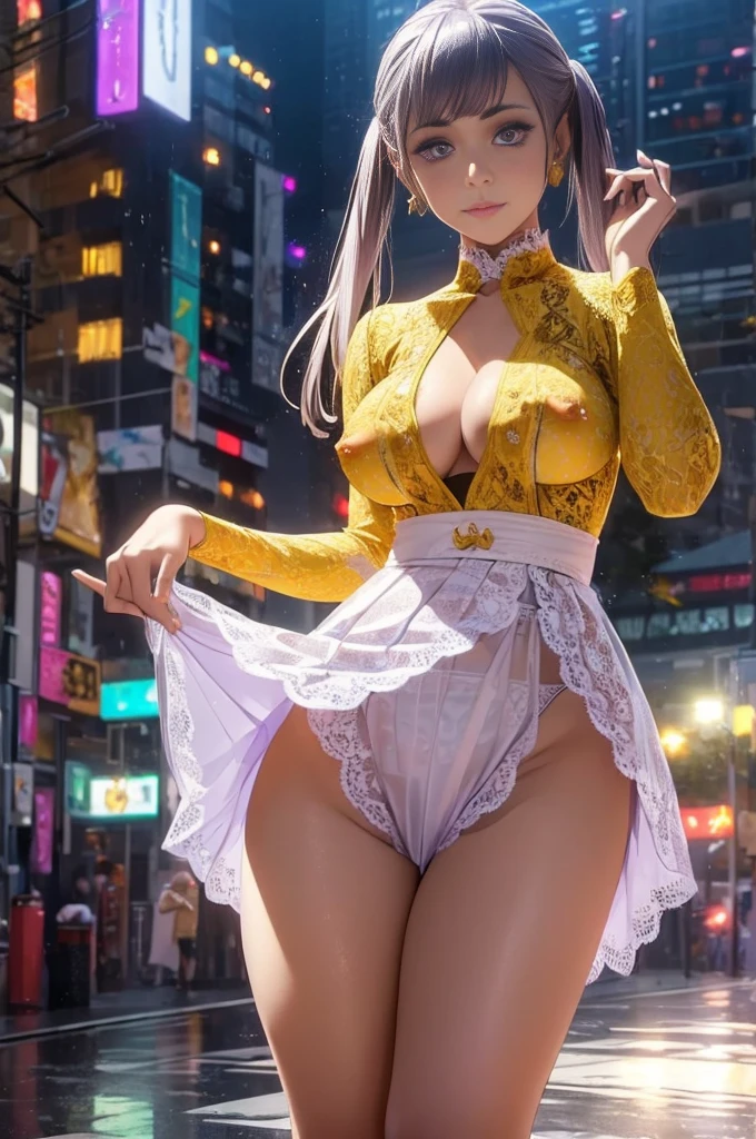 noelle_silva,long hair,twintails,bangs,earring,jewelry,silver hair,purple eyes,masterpiece,best quality,night view,rainy,cyberpunk city,wet clothes, kebaya_bali,yellow_kebaya_bali,large breasts,happy expression,(show nipples:1.4)  ,transparent dress ,show armpits,get raped by 1 man,(skirt lift:1.5),(white lace panties:1.4),looking at viewer