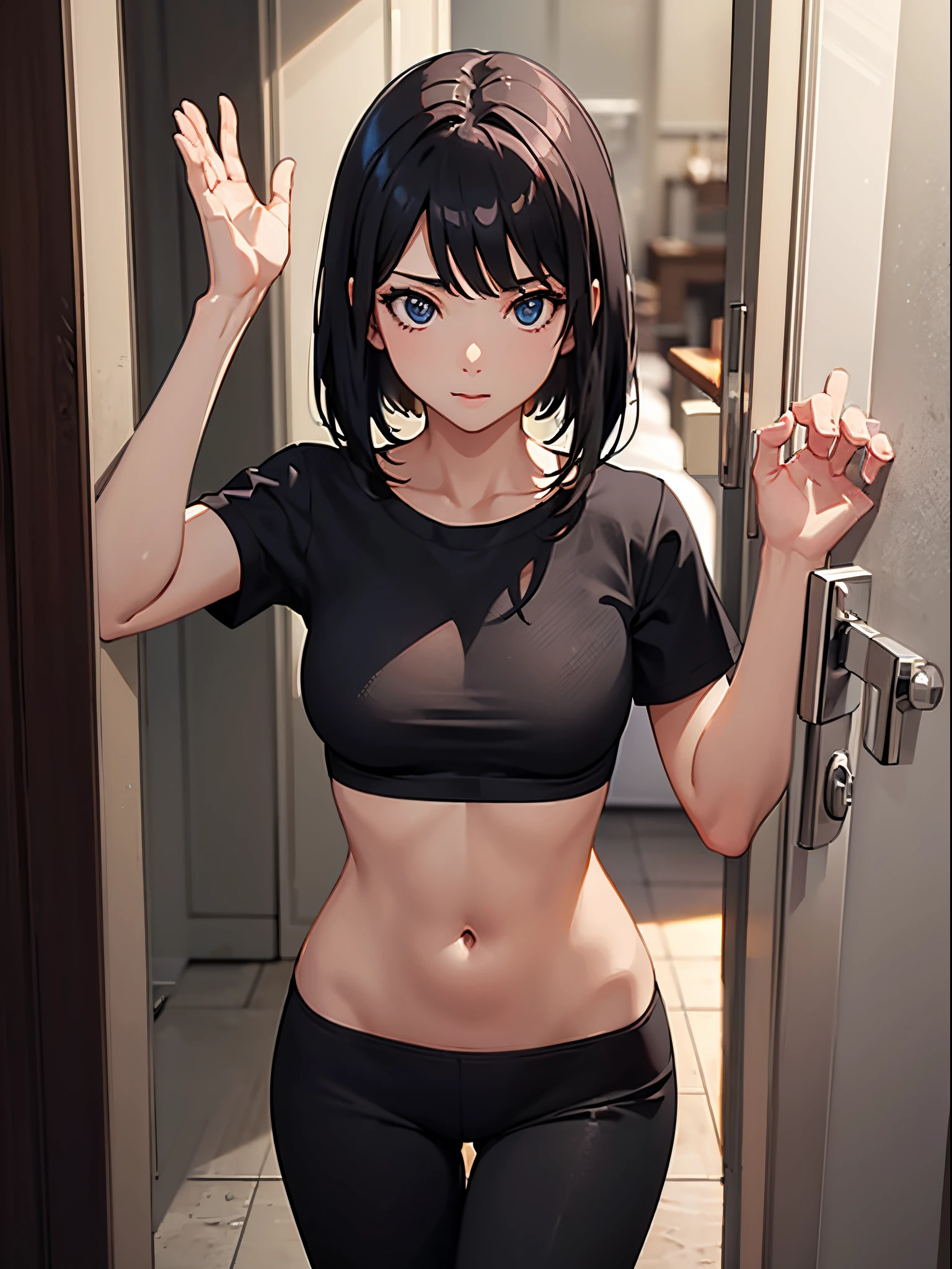 A woman wearing white short sleeves and black leggings，Posing for photos leaning against the door, Exposing the abdomen，The figure is good，The head is not exposed，[ 4K realism ]!!, [ 4K realism ]!!!, [ 4K digital art ]!!, Realistic shadow perfect body, realisticlying!!!!!!! art-style, photorealistic anime, by Shitao, Popular topics on cgstation, Casual pose, realistic anime 3D style