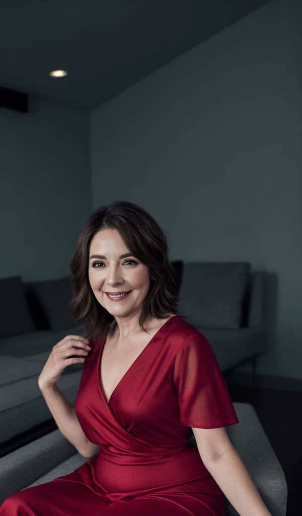 Photo of 50 year old woman, short straight brown hair, cara redondeada, bonitos ojos, tez blanca, wearing red nightgown, tacones rojos, sentada en una silla, sala de fondo, uhd, realista