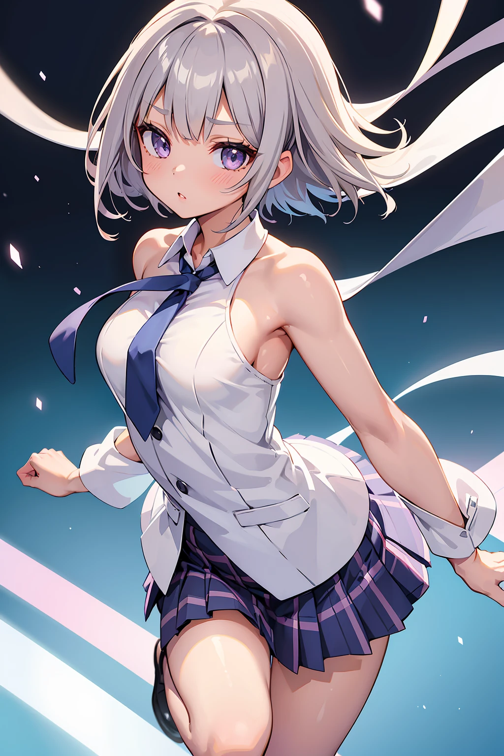 Product quality, ((1girl in)), Full body shot, (low angles:1.2), a Japanese young pretty woman, hyper pretty face, (Silver-haired shorthair), Blushing cheeks, Glossy lips, Glamorous figure, ((Blue checked pleated skirt, neck tie)), (private school uniform), ((Jumping))Looking at the camera, Double eyelids in both eyes, Natural makeup, long eyelashes, shiny smooth light brown hair, asymmetrical bangs, Tanned skin, Beautiful hair, Beautiful collarbone, Beautiful body, Beautiful chest, beautiful thigh, Beautiful legs, Beautiful fingers, central image, High resolution, high detailing, detailed hairstyle, Detailed face, spectacular movie lighting, Bokeh background, animesque, Perfect limbs, Perfect Anatomy, tre anatomically correct,