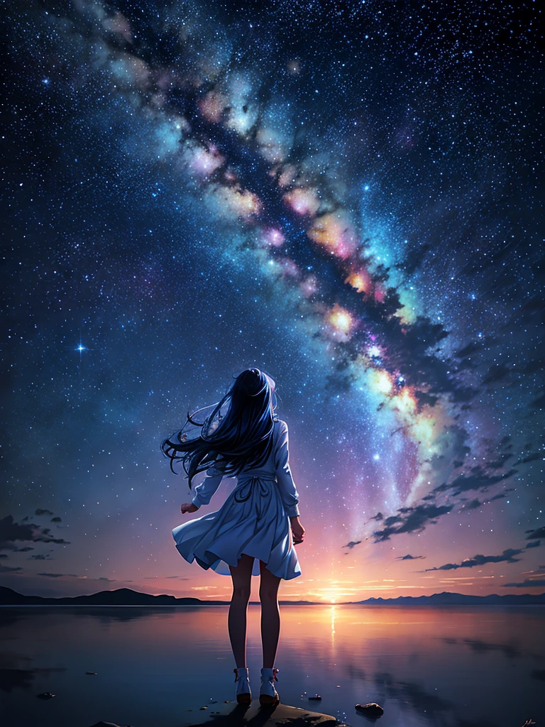 Starry sky with a woman standing on the beach looking at the stars, girl looks at the space, Anime girl with dark blue hair and white clothes, A girl and a boy holding hands in space, The background is the endless universe, Look at the universe, Stunning wallpapers, look at galaxy background, beautiful girl on the horizon, looking off into space, makoto shinkai cyril rolando,Anime art wallpaper 4k
