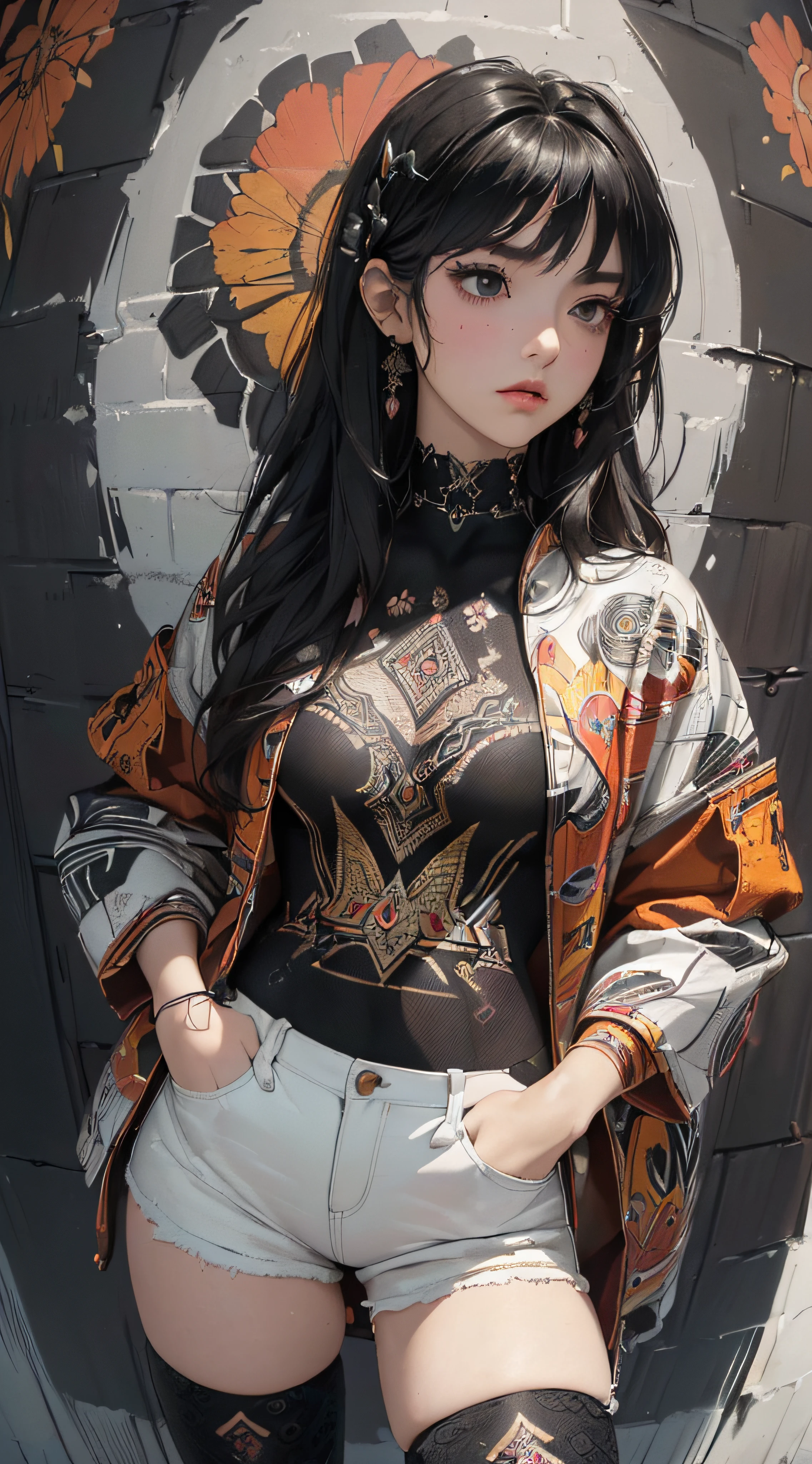 (((8k wallpaper of extremely detailed CG unit:1.2, masterpiece, hight resolution:1.2, top-quality:1.2, masutepiece))), ((a very beautiful woman, Hands in pockets:1.8, Grunge Fashion:1.2, Wear outerwear:1.2, Wearing hot pants, wearing tights and boots)), ((extra detailed face, Highly detailed black eyes:1.2, extra detailed body, Top quality real texture skins)), (A dark-haired, length hair, de pele branca), ((Colorful geometric patterns are painted all over the wall..)), (high-angle:1.2, Fisheye:1.3), hyper realisitic, digitial painting,