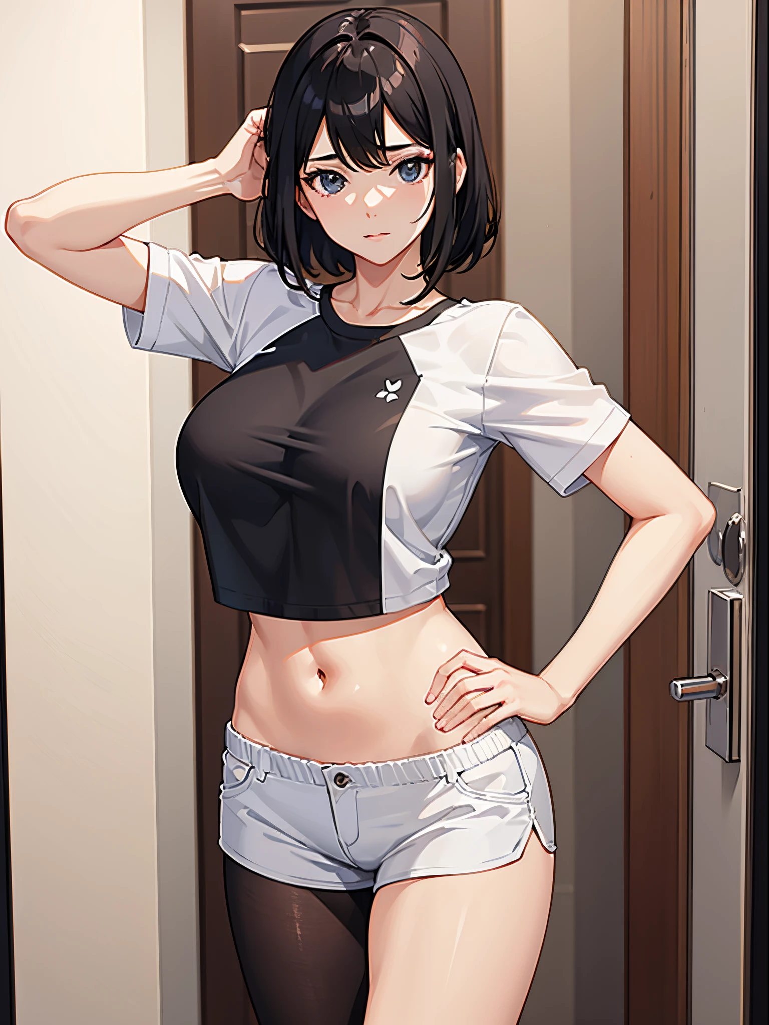 (RAW photo:1.2),(Photorealistic:1.4),(Masterpiece:1.3),(Best quality:1.4),超高分辨率, hdr,8K resolution, Dreamlike, check commentary,commentaryrequest,scenery,((No text)), solofocus, (full bodyesbian), (Detailed eyes),(Detailed facial features), (detailed clothes features), skin tight, (Shiny skin),(slender girl),(Slim girl), (1girll,Solo),virtualgirl-Rin, cheerfulness, Smile, (Large breasts), bangs, bob hair, Short hair, Brown hair, Brown eyes, Black choker, college aged, schoolgirl, White high school sportswear,Red sports shorts,Sneakers,
