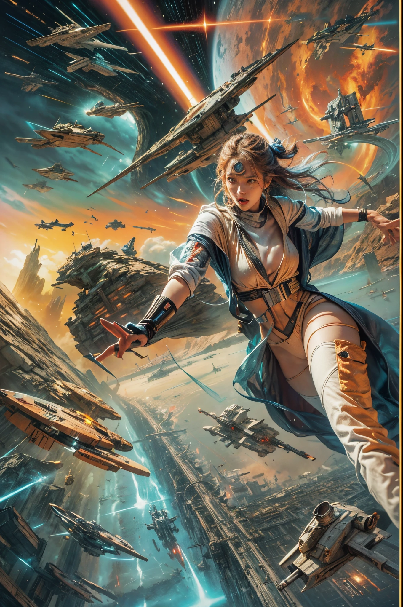"((Animee)) book cover for Star Wars, dramatic scenes, ((expressive characters)), futuristic details, vibrant and ((captivating colors)), dynamic composition,