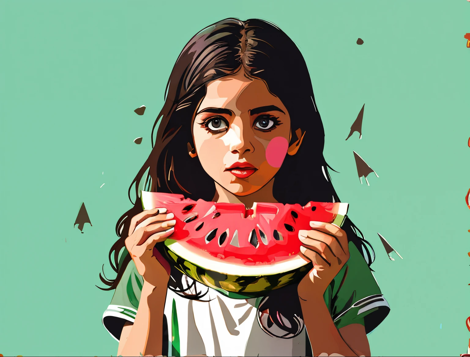 painting of a girl holding a slice of watermelon in front of her face, a beautiful artwork illustration, in style of digital illustration, by Fathi Hassan, digital illustration -, stunning digital illustration, stylized digital illustration, digital art illustration, amazing food illustration, realistic cute girl painting, cartoon digital painting, watermelon, high contrast illustrations, highly detailed digital painting, vector, 2d, 8 color